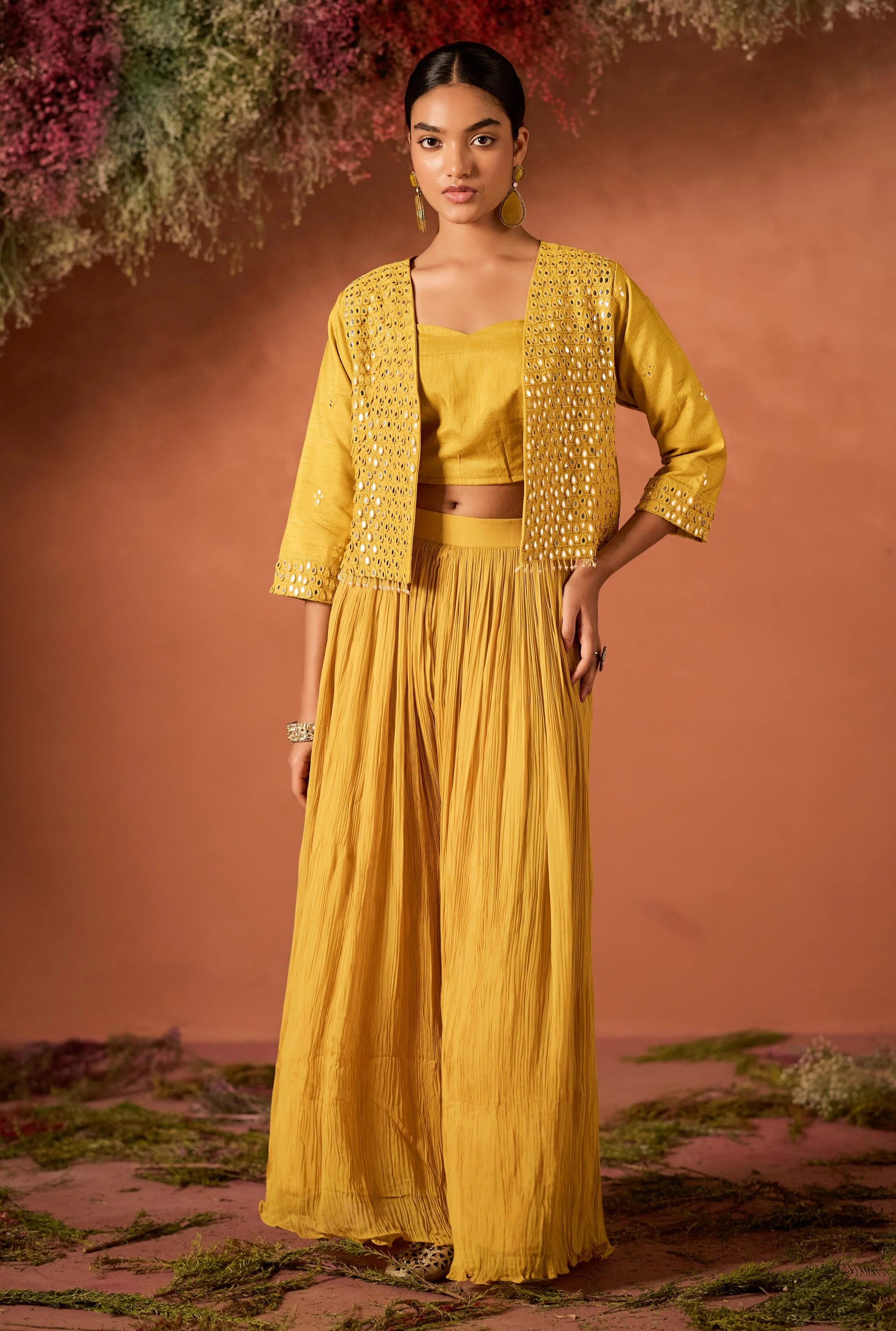 Mustard Yellow Embellished Raw Silk Palazzo Set - Image 4