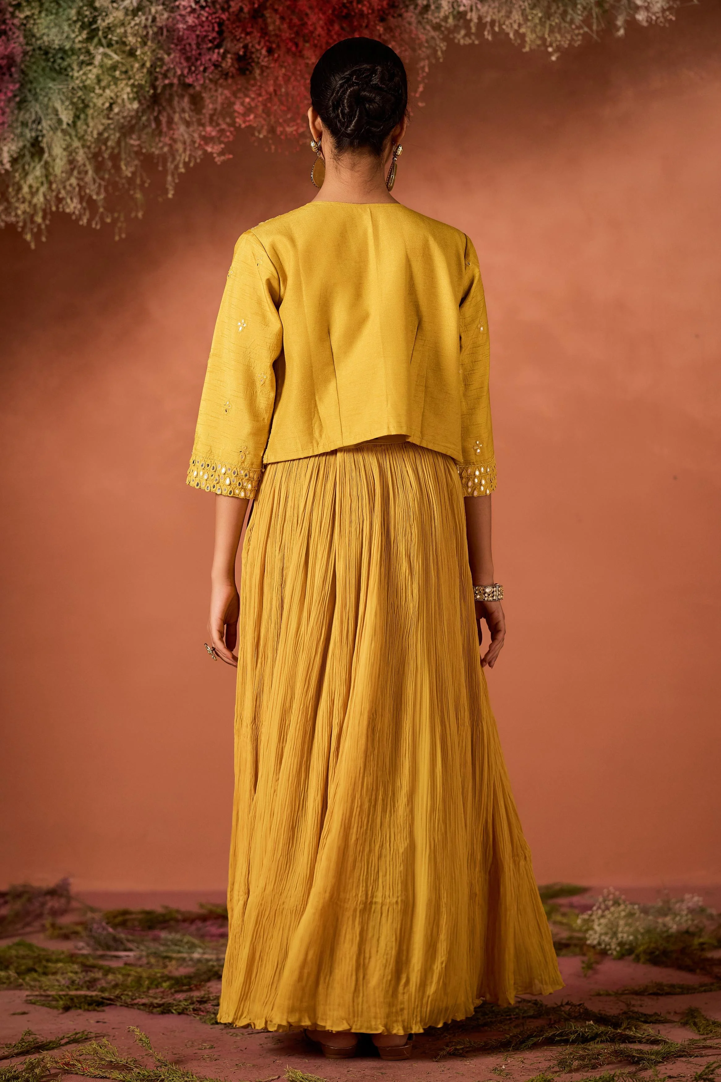 Mustard Yellow Embellished Raw Silk Palazzo Set - Image 5