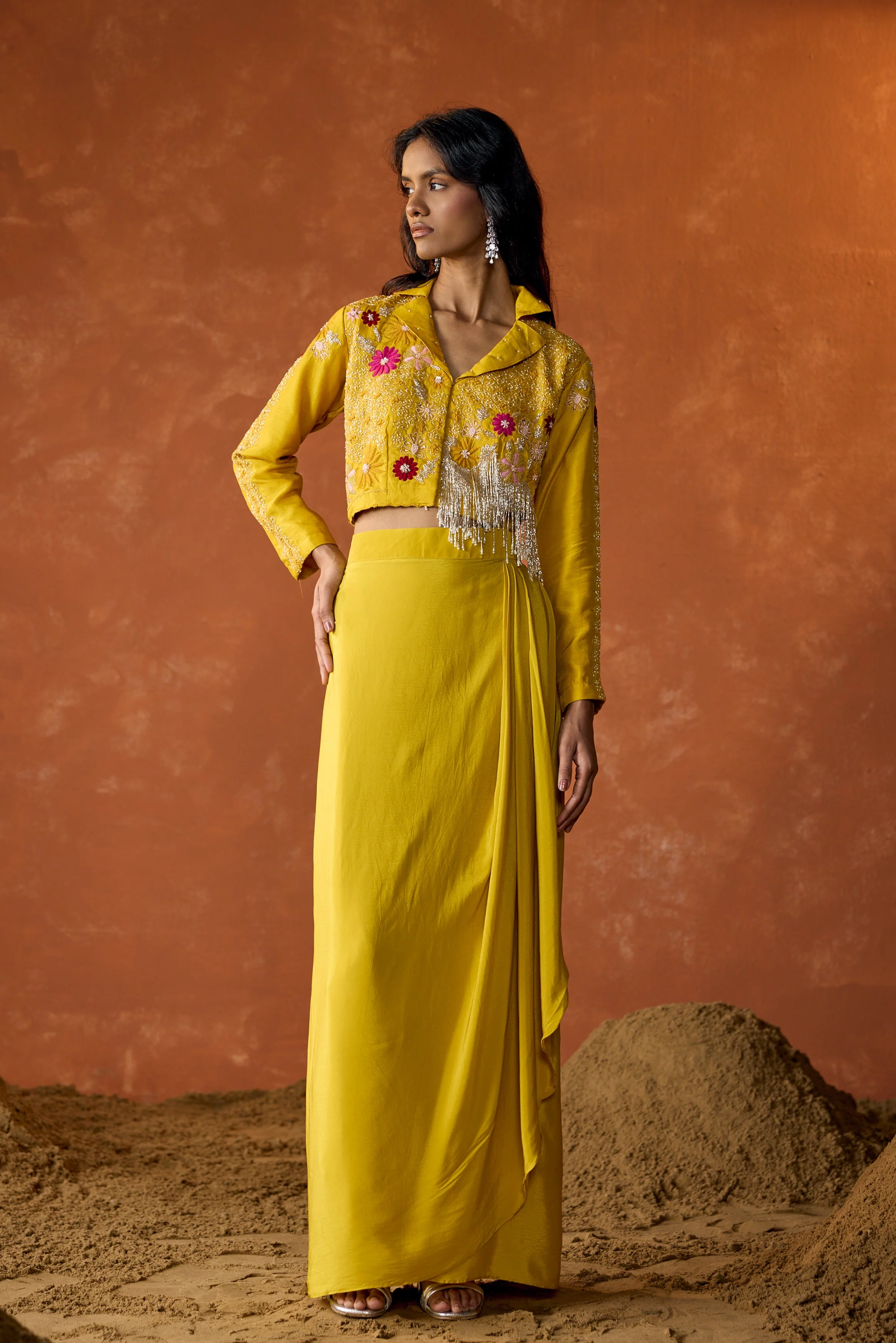 Marigold Yellow Embellished Raw Silk Skirt Set - Image 4