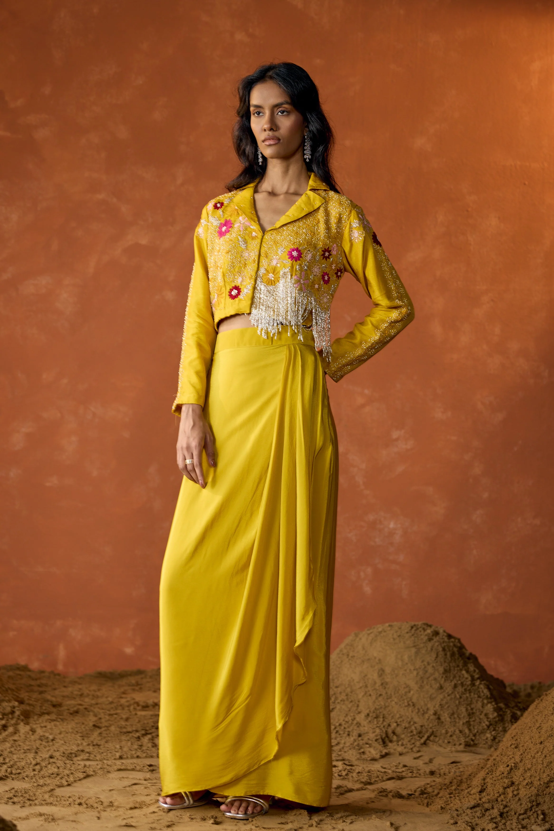 Marigold Yellow Embellished Raw Silk Skirt Set - Image 6