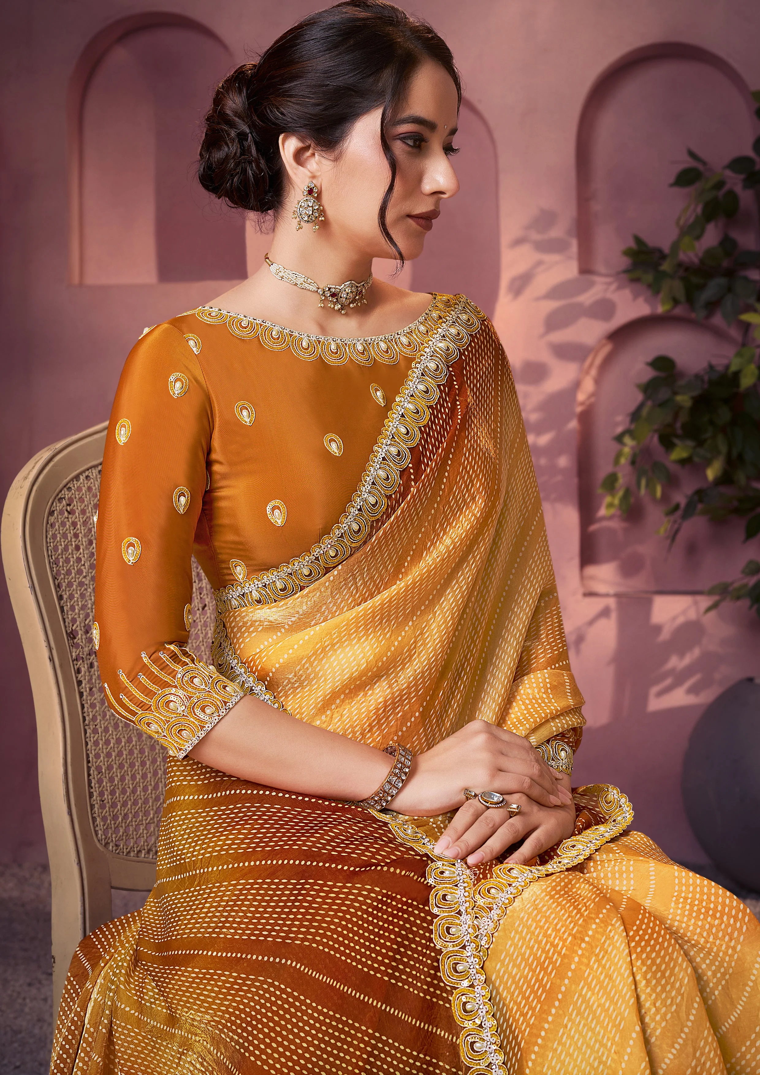 Yellow Embellished Satin Silk Saree - Image 2