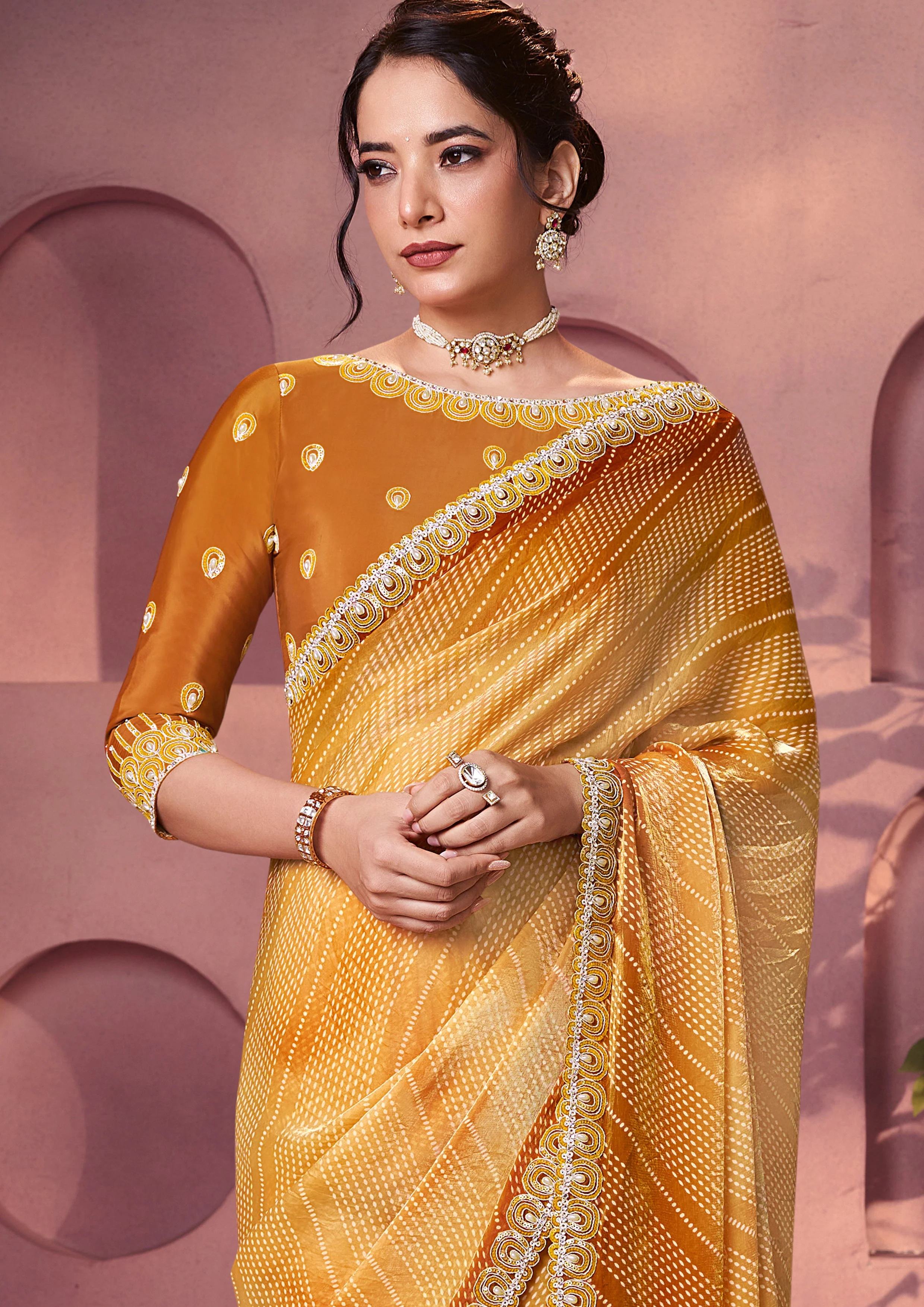 Yellow Embellished Satin Silk Saree - Image 3