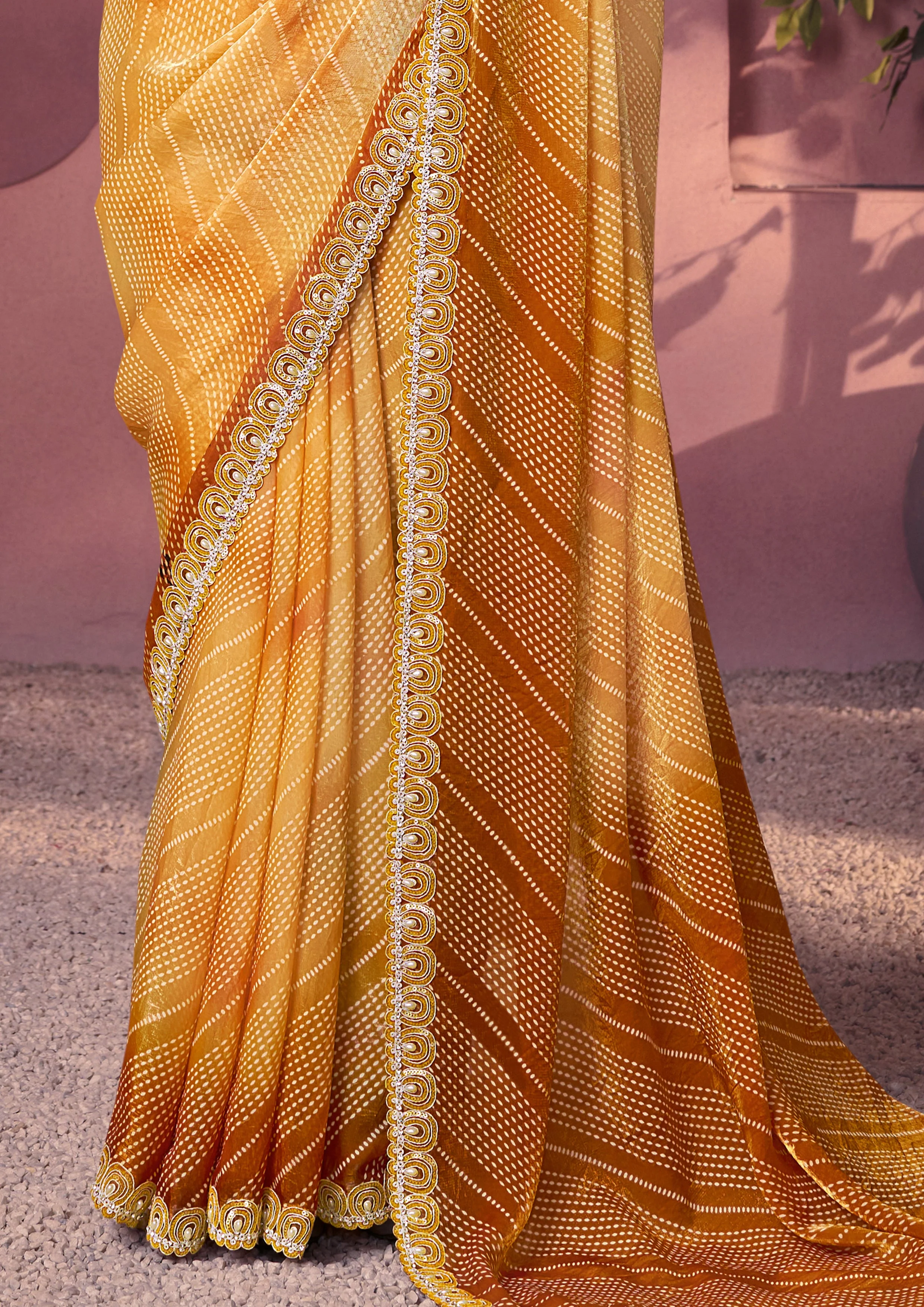 Yellow Embellished Satin Silk Saree - Image 4