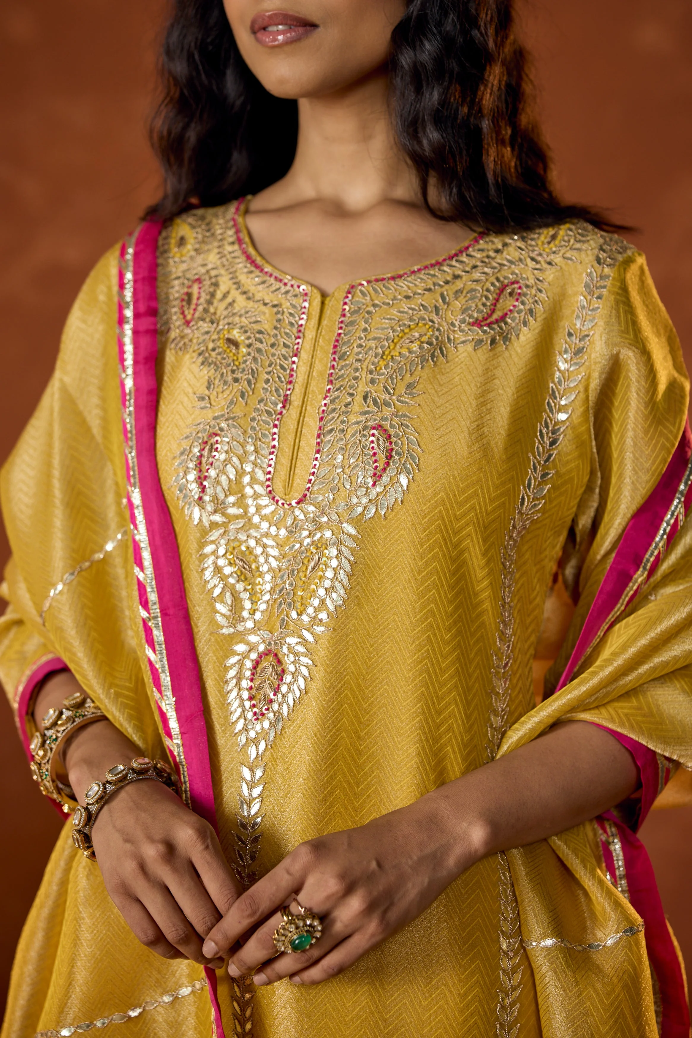Marigold Yellow Embellished Shimmer Tissue Silk Palazzo Set - Image 2