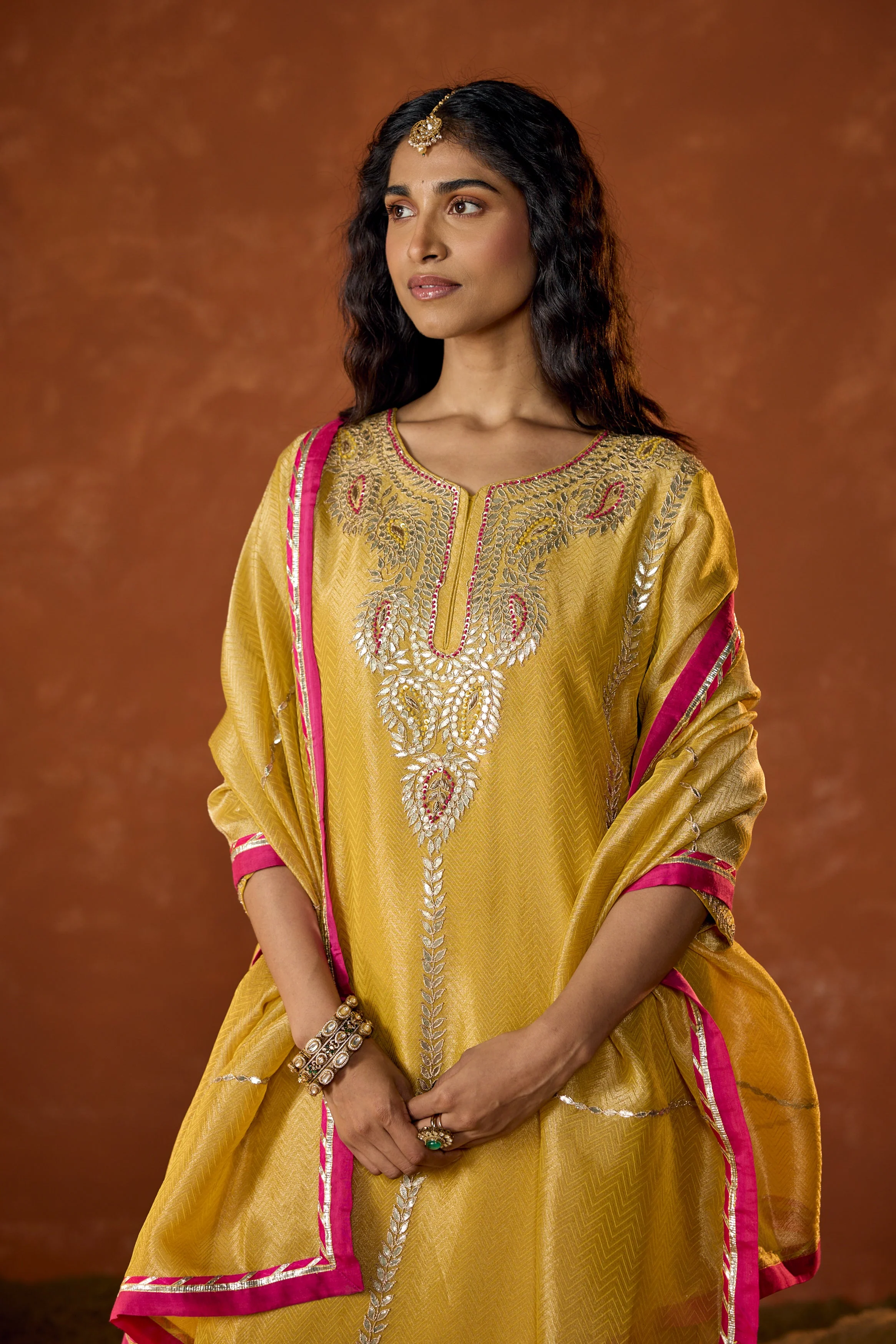 Marigold Yellow Embellished Shimmer Tissue Silk Palazzo Set - Image 3
