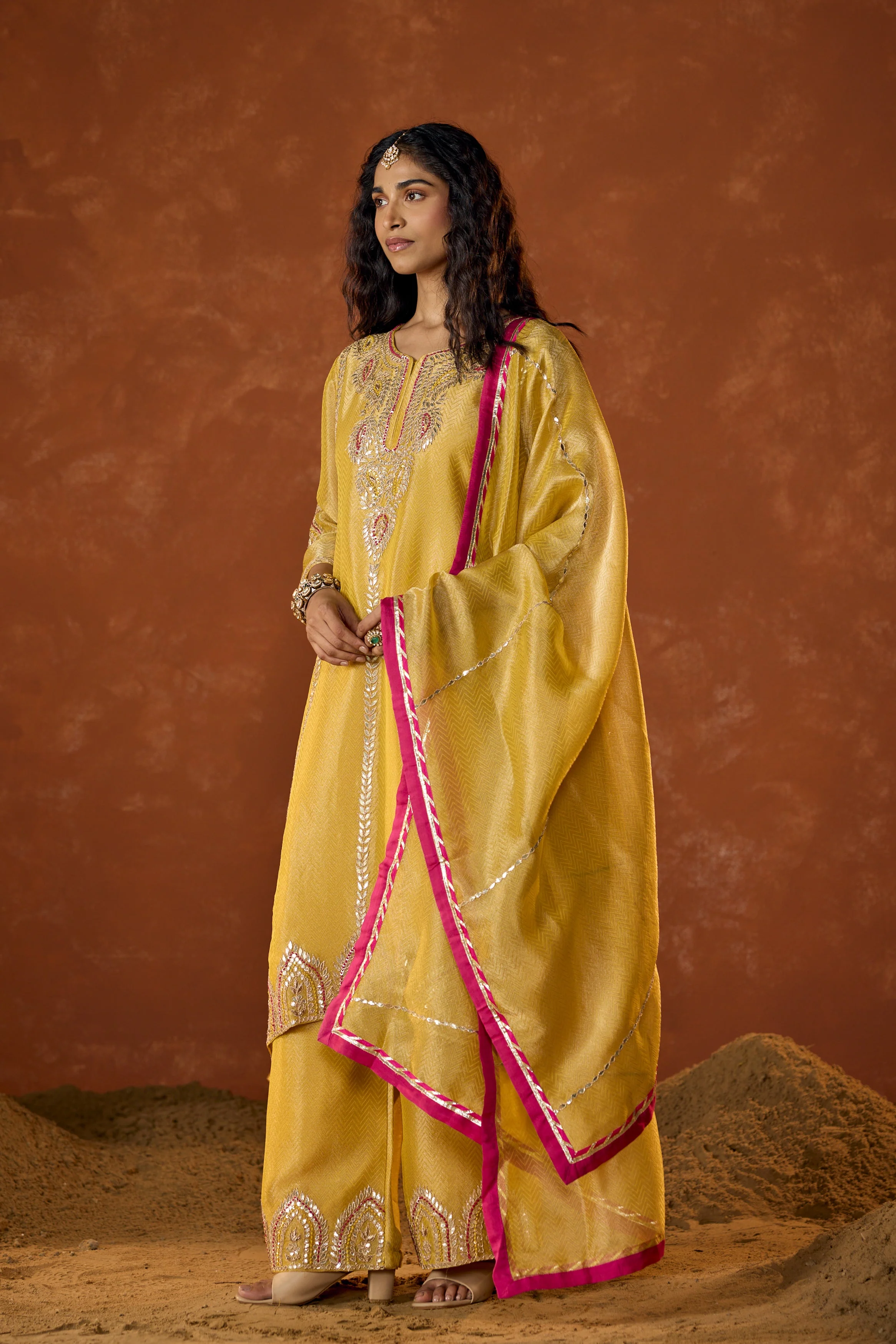 Marigold Yellow Embellished Shimmer Tissue Silk Palazzo Set - Image 4