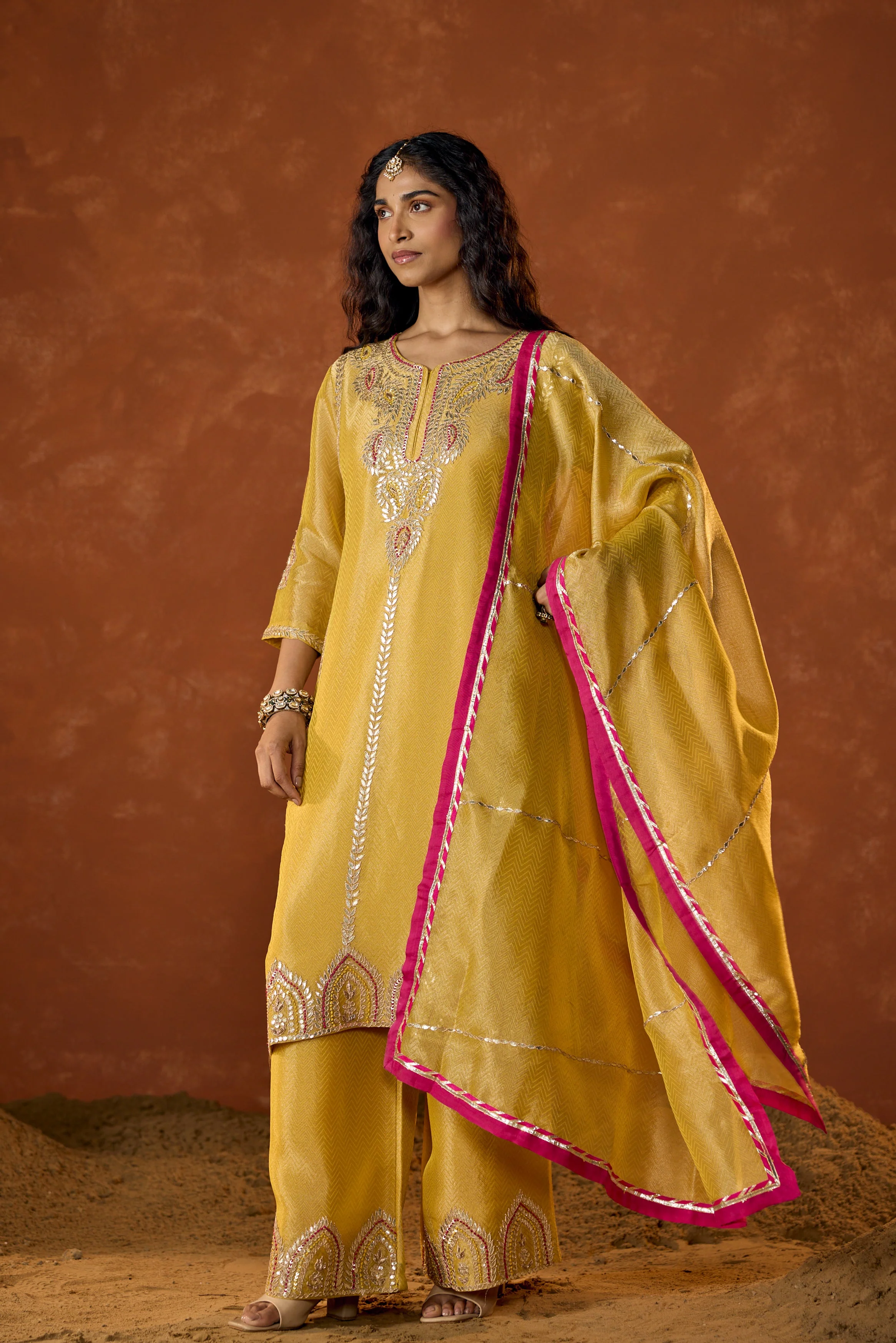 Marigold Yellow Embellished Shimmer Tissue Silk Palazzo Set - Image 5