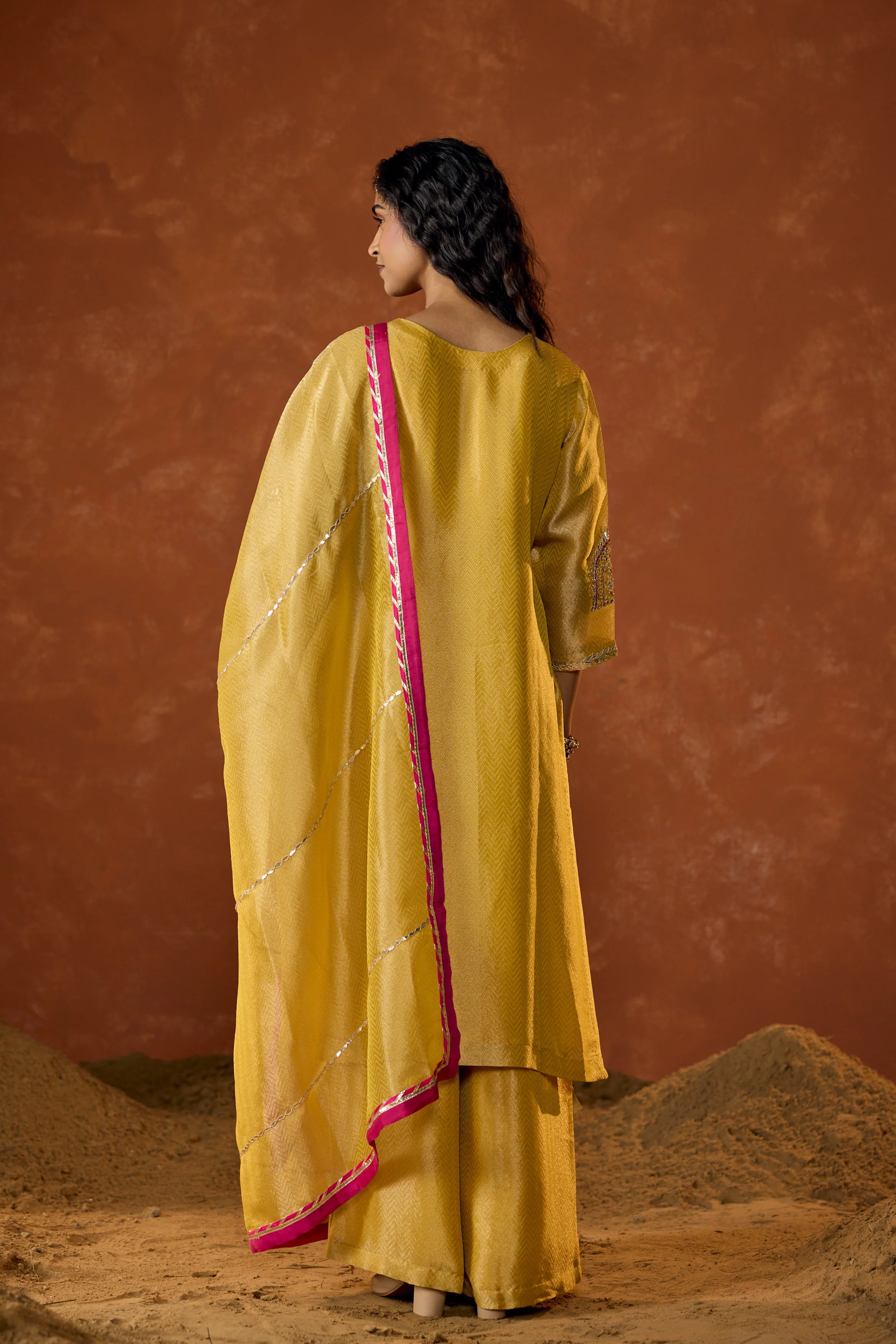 Marigold Yellow Embellished Shimmer Tissue Silk Palazzo Set - Image 6