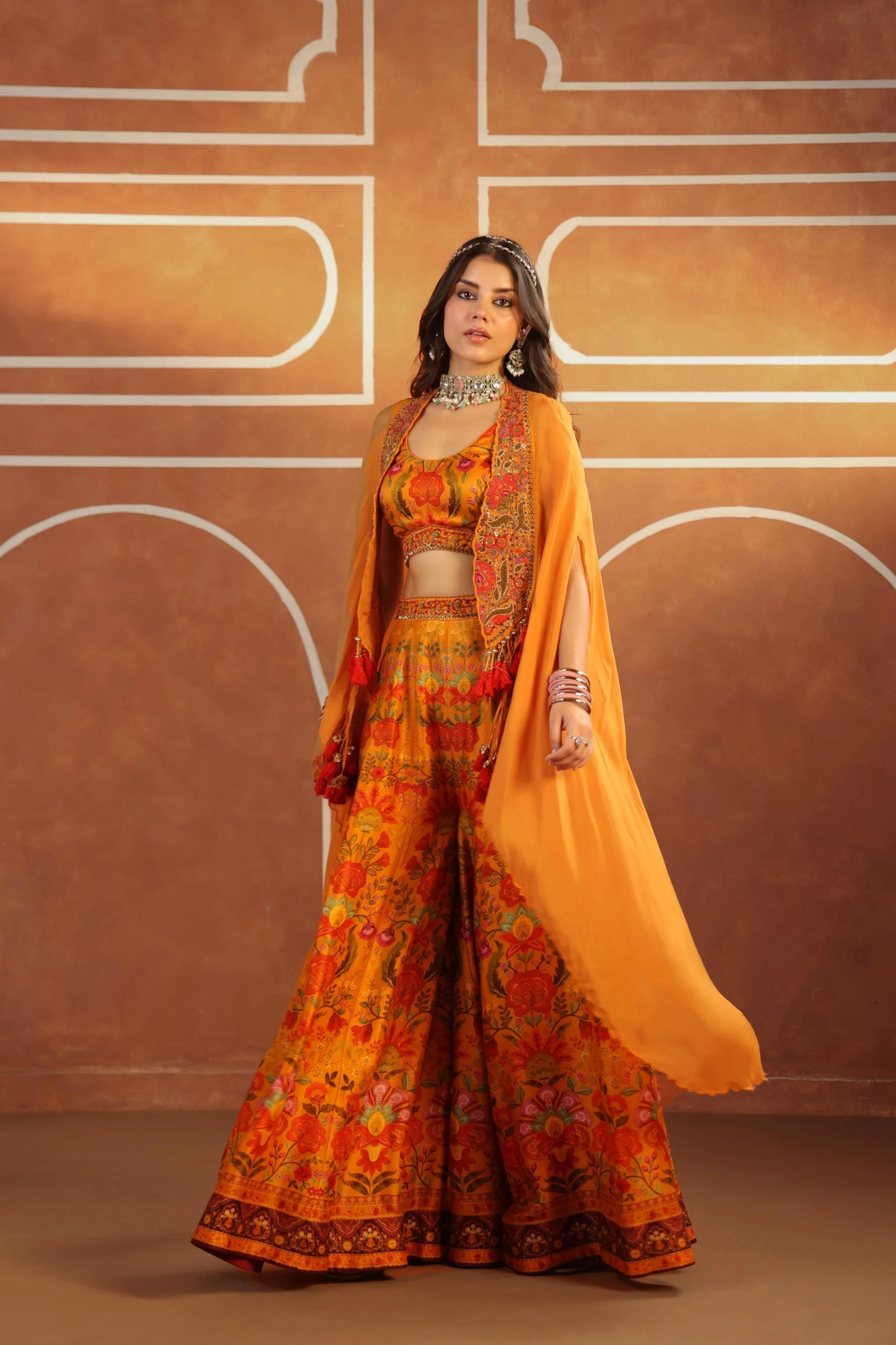 Amber Yellow Embellished Raw Silk Sharara Set - Image 3