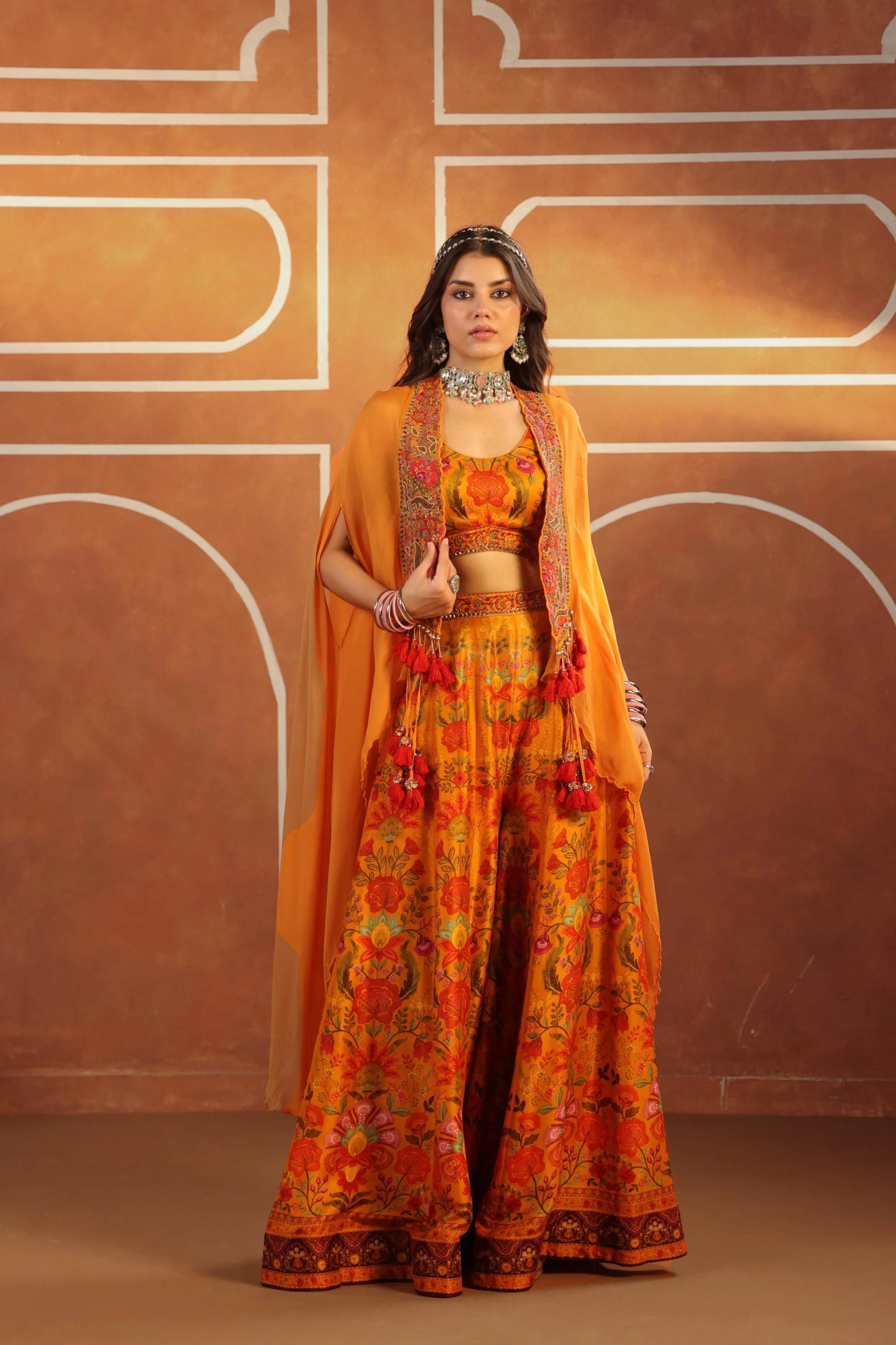 Amber Yellow Embellished Raw Silk Sharara Set - Image 4
