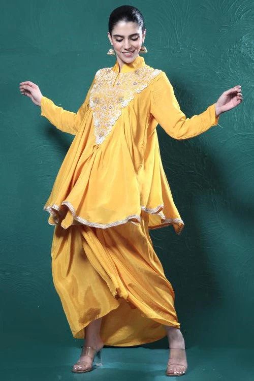 Yellow Embroidered Chinon Silk Tunic & Skirt Set - Image 2