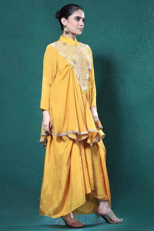 Yellow Embroidered Chinon Silk Tunic & Skirt Set - Image 3