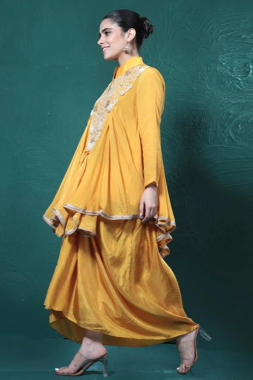 Yellow Embroidered Chinon Silk Tunic & Skirt Set - Image 4