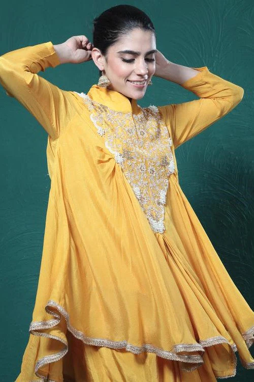 Yellow Embroidered Chinon Silk Tunic & Skirt Set - Image 5