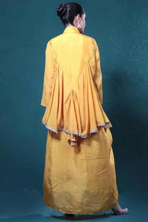 Yellow Embroidered Chinon Silk Tunic & Skirt Set - Image 6