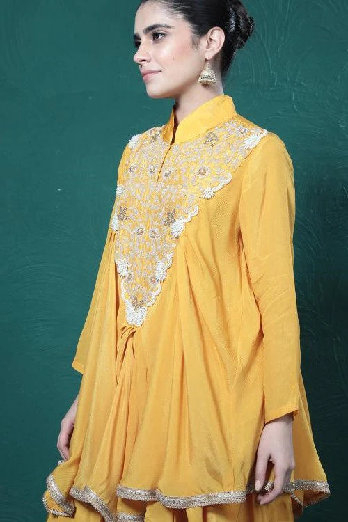 Yellow Embroidered Chinon Silk Tunic & Skirt Set - Image 7