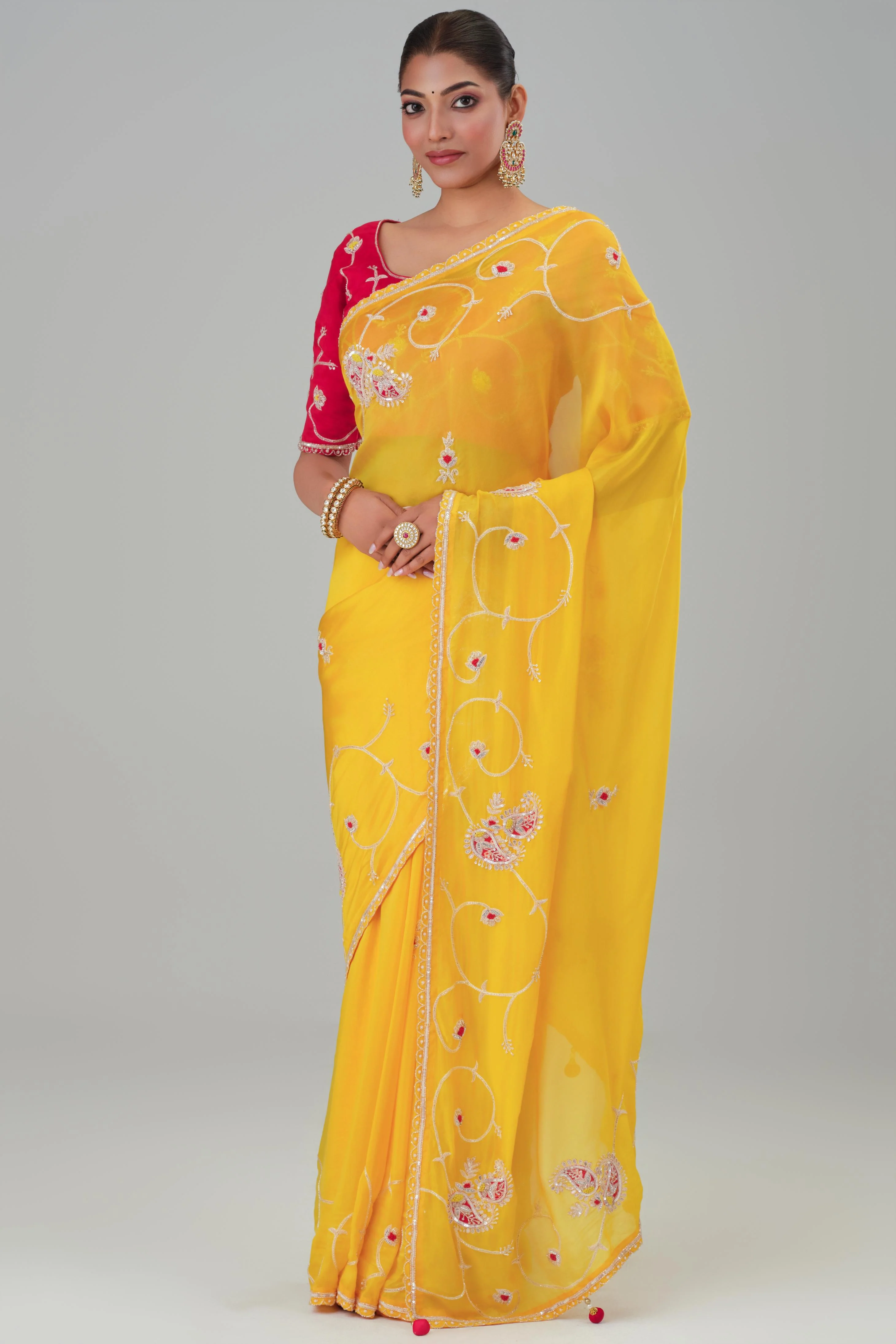 Yellow Embroidered Cosmo Silk Saree - Image 3