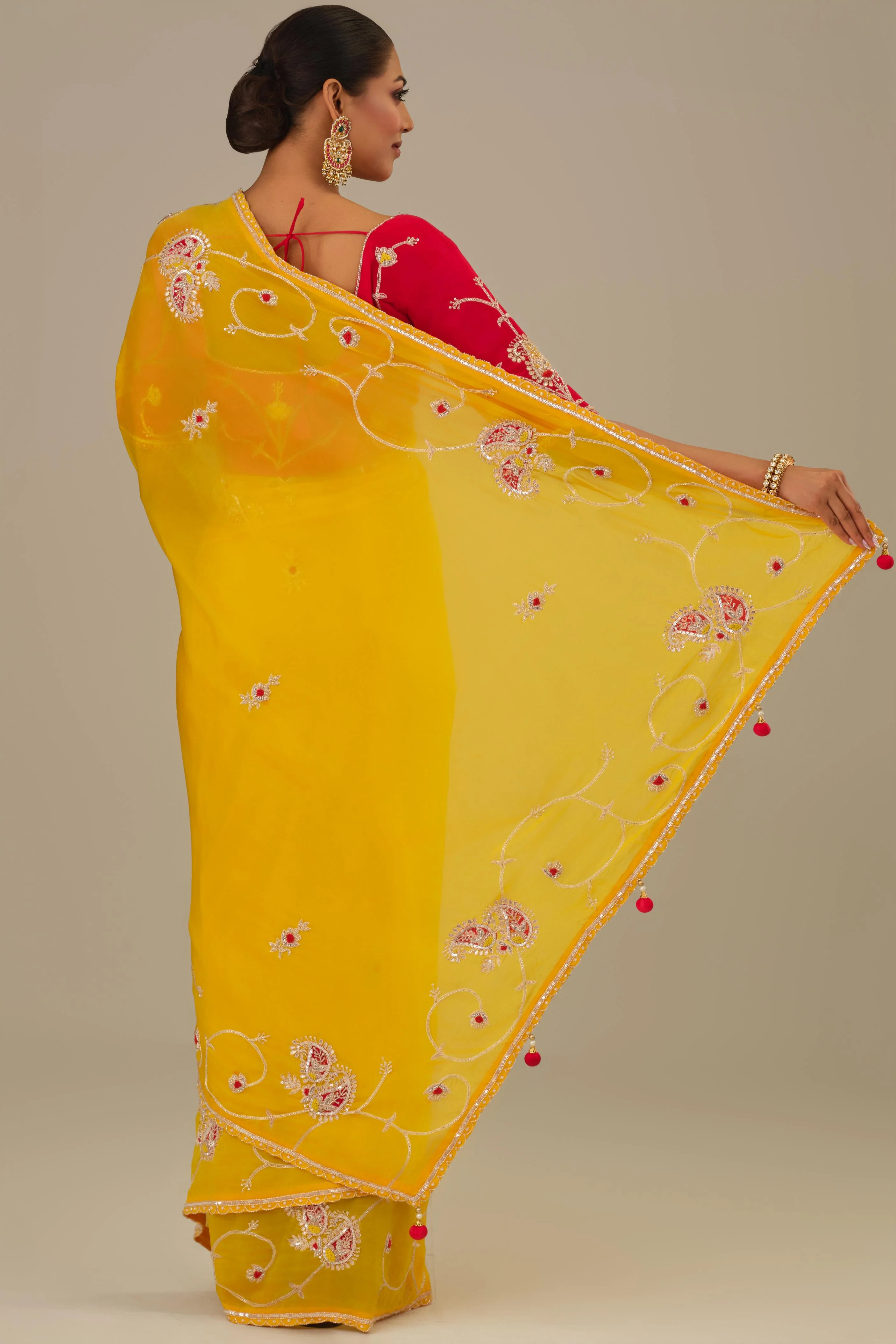 Yellow Embroidered Cosmo Silk Saree - Image 4