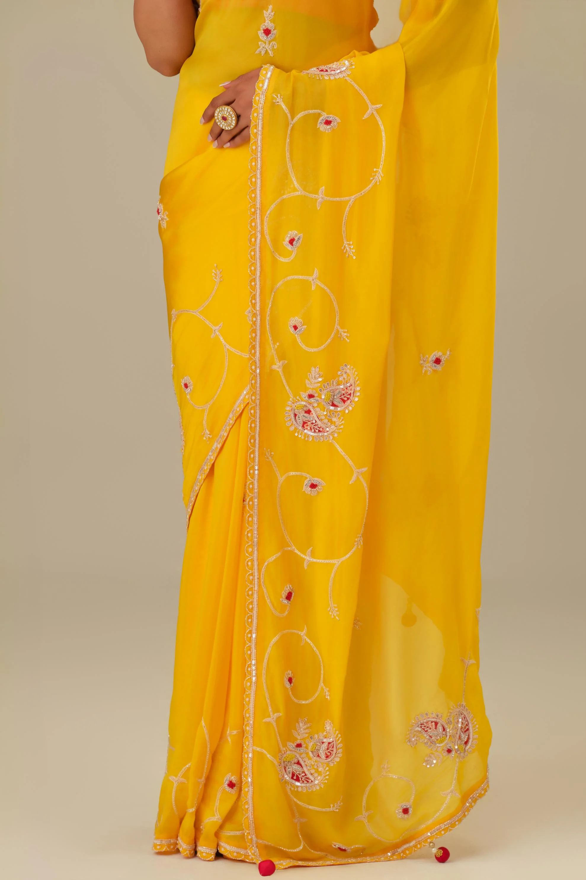 Yellow Embroidered Cosmo Silk Saree - Image 5