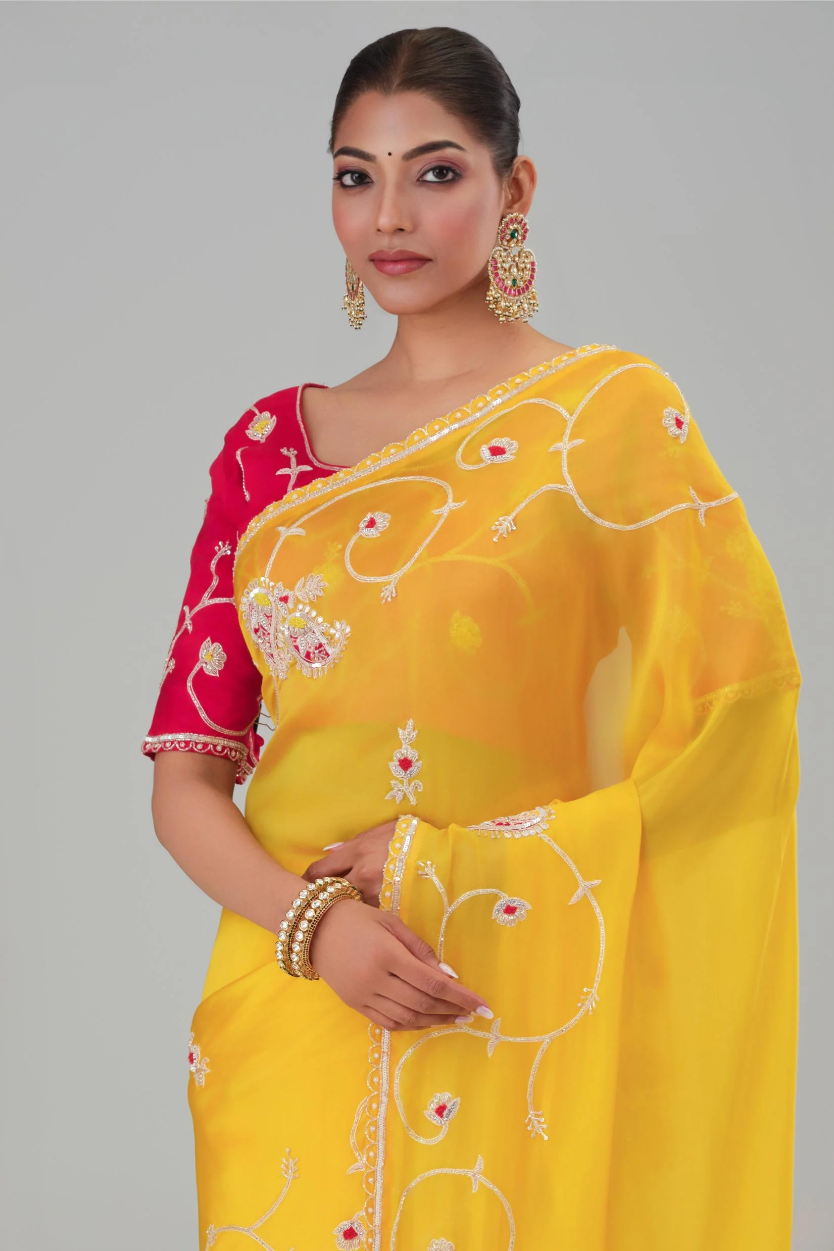 Yellow Embroidered Cosmo Silk Saree - Image 6
