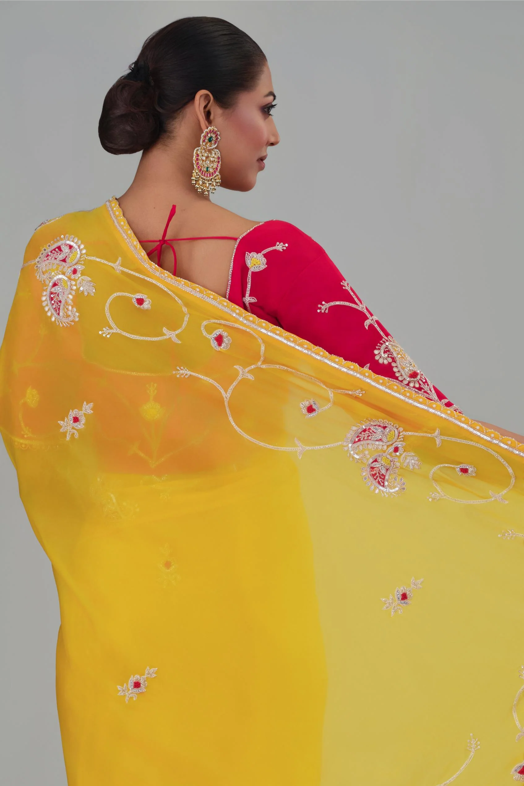 Yellow Embroidered Cosmo Silk Saree - Image 7