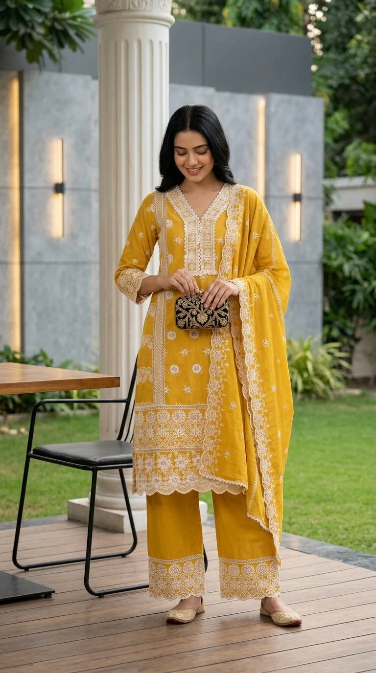Mustard Meadow Embroidered Cotton Pant Set - Image 4