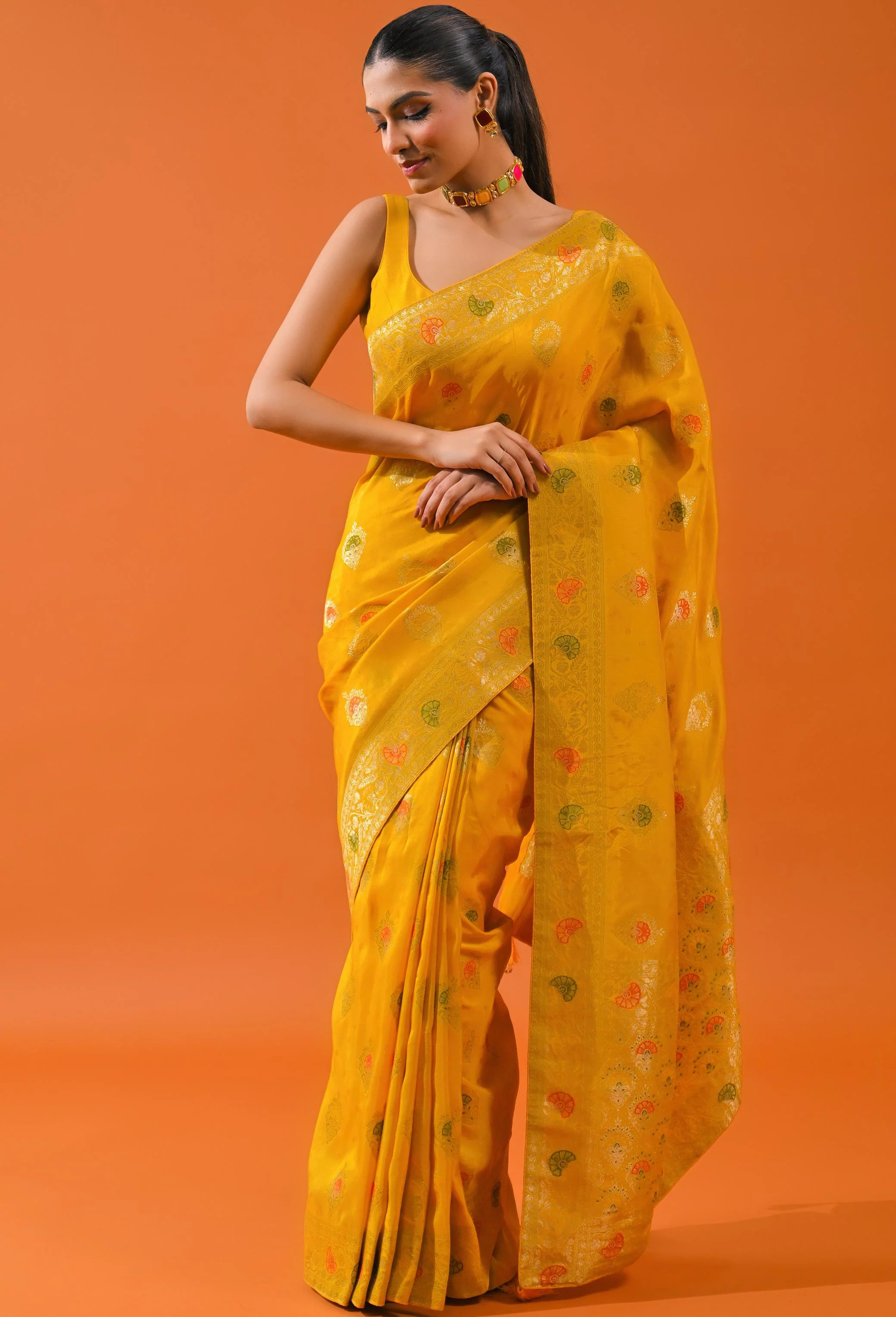 Yellow Embroidered Dola Silk Saree - Image 2
