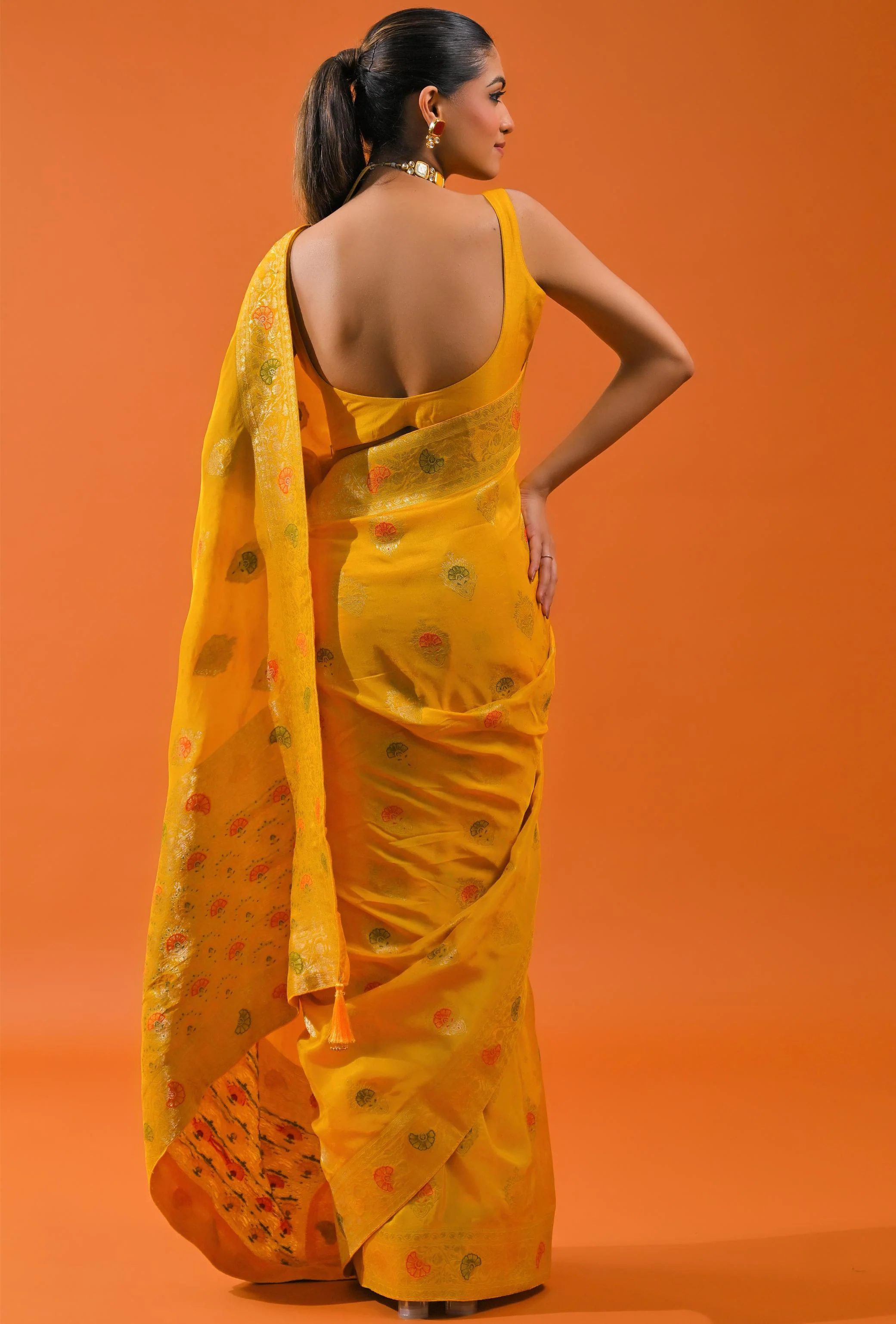 Yellow Embroidered Dola Silk Saree - Image 3