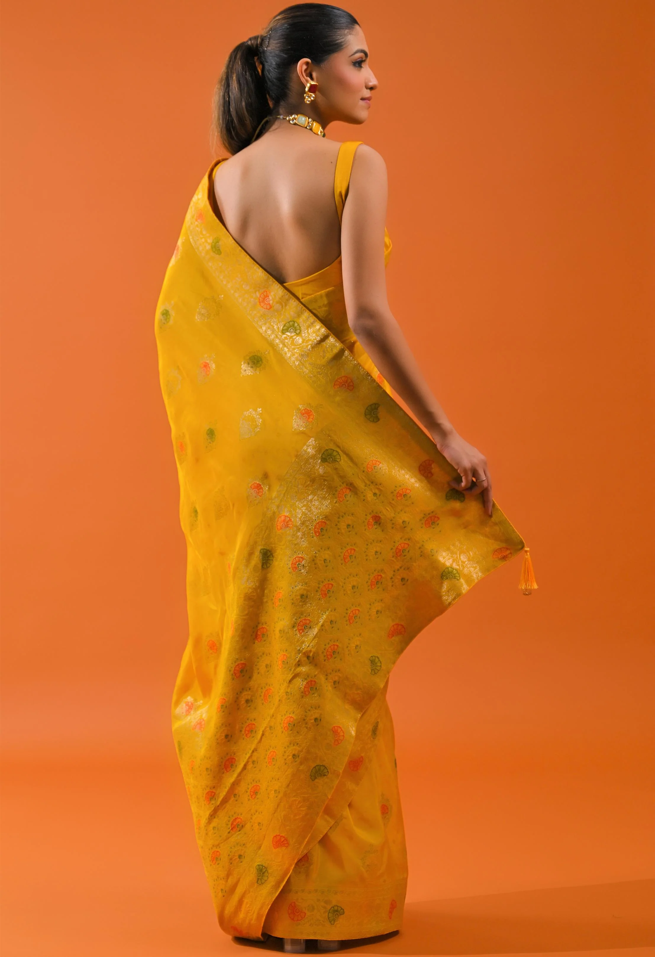 Yellow Embroidered Dola Silk Saree - Image 4