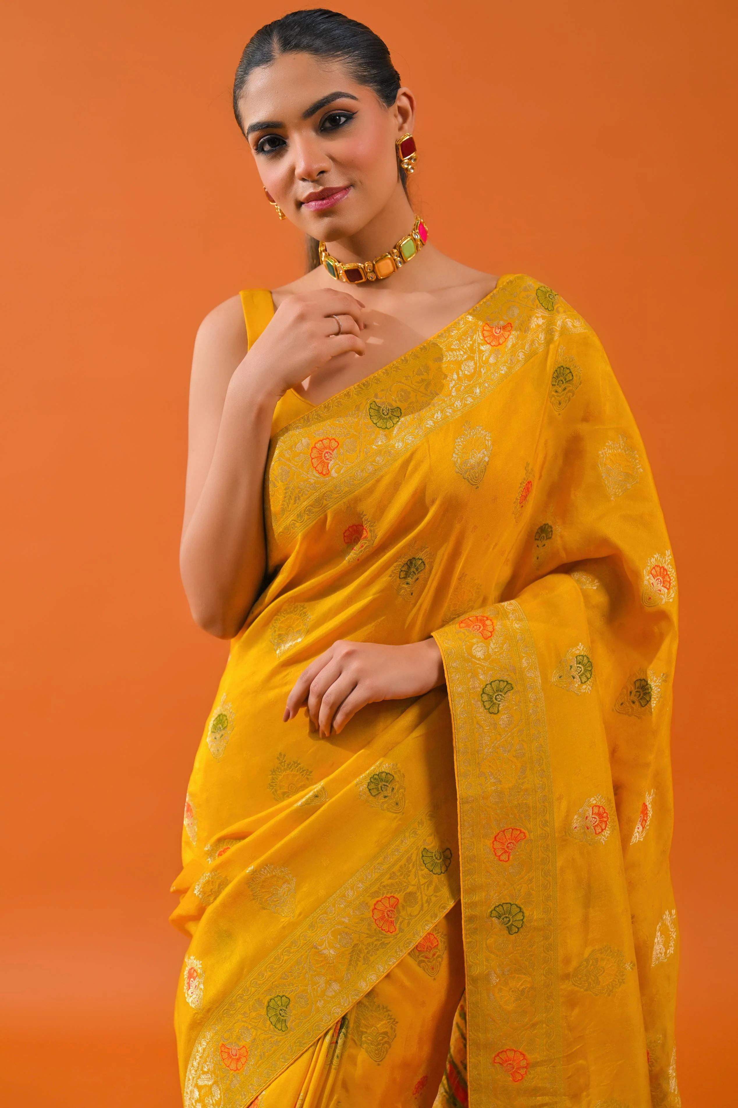 Yellow Embroidered Dola Silk Saree - Image 5