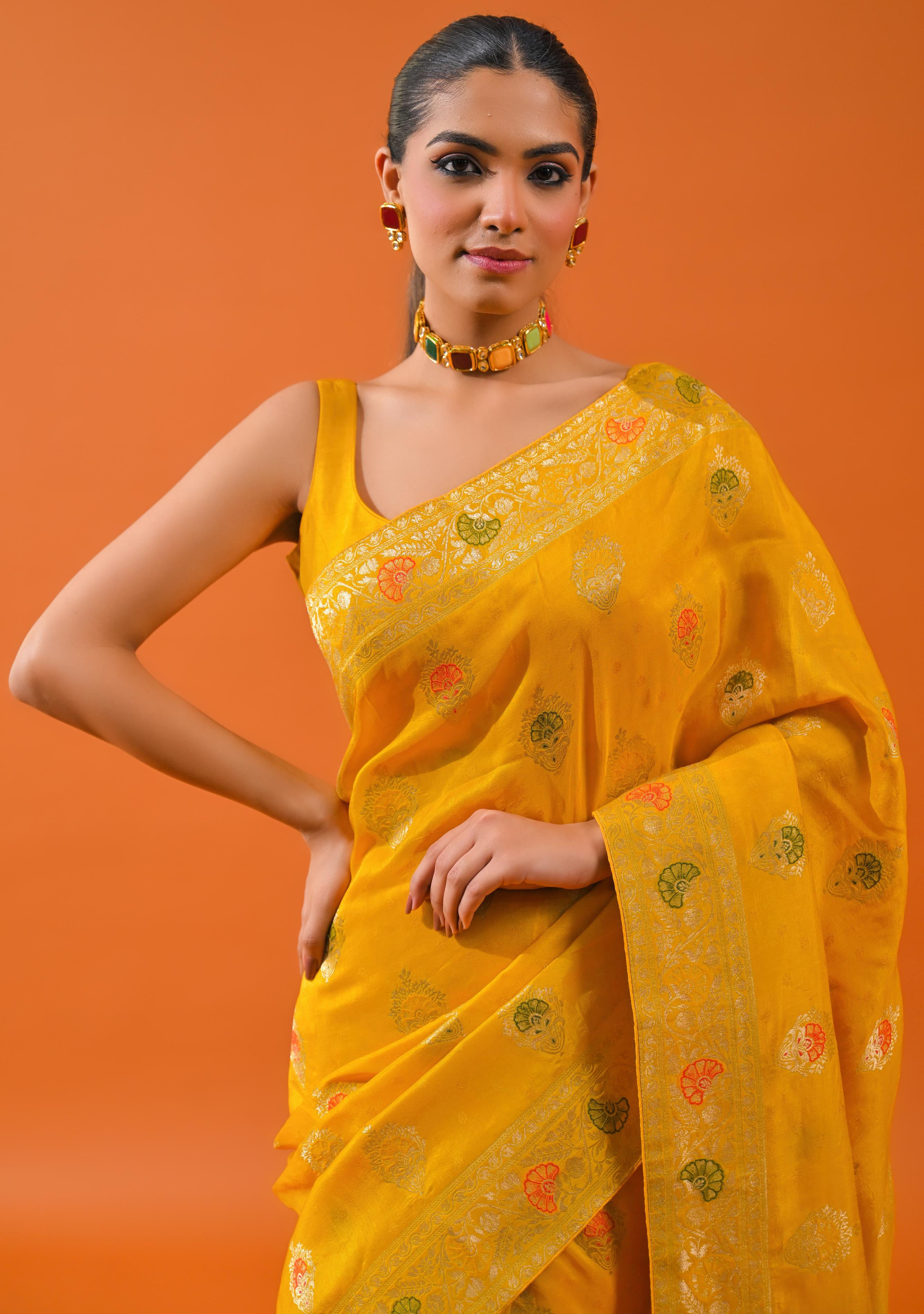 Yellow Embroidered Dola Silk Saree - Image 6