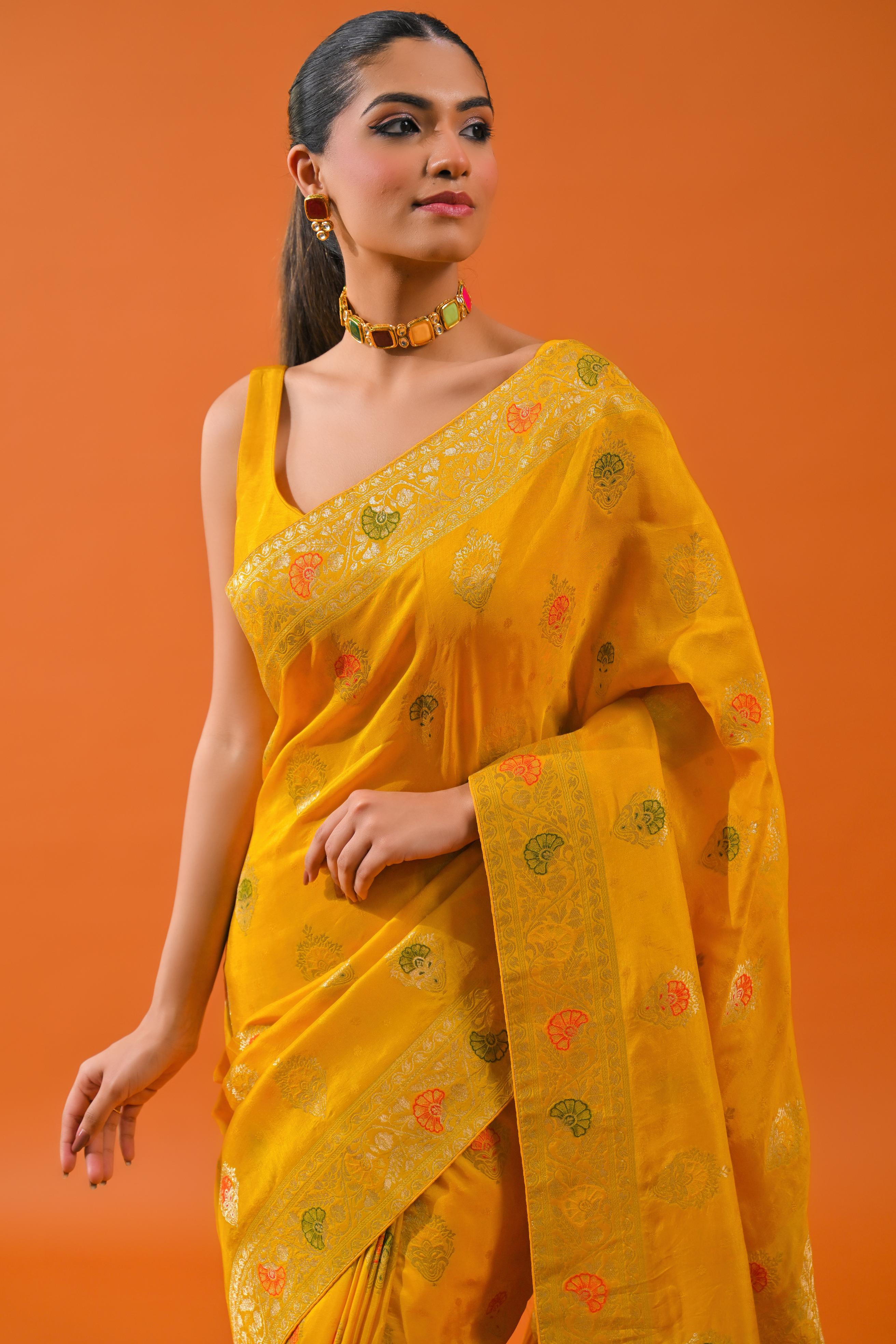 Yellow Embroidered Dola Silk Saree - Image 7
