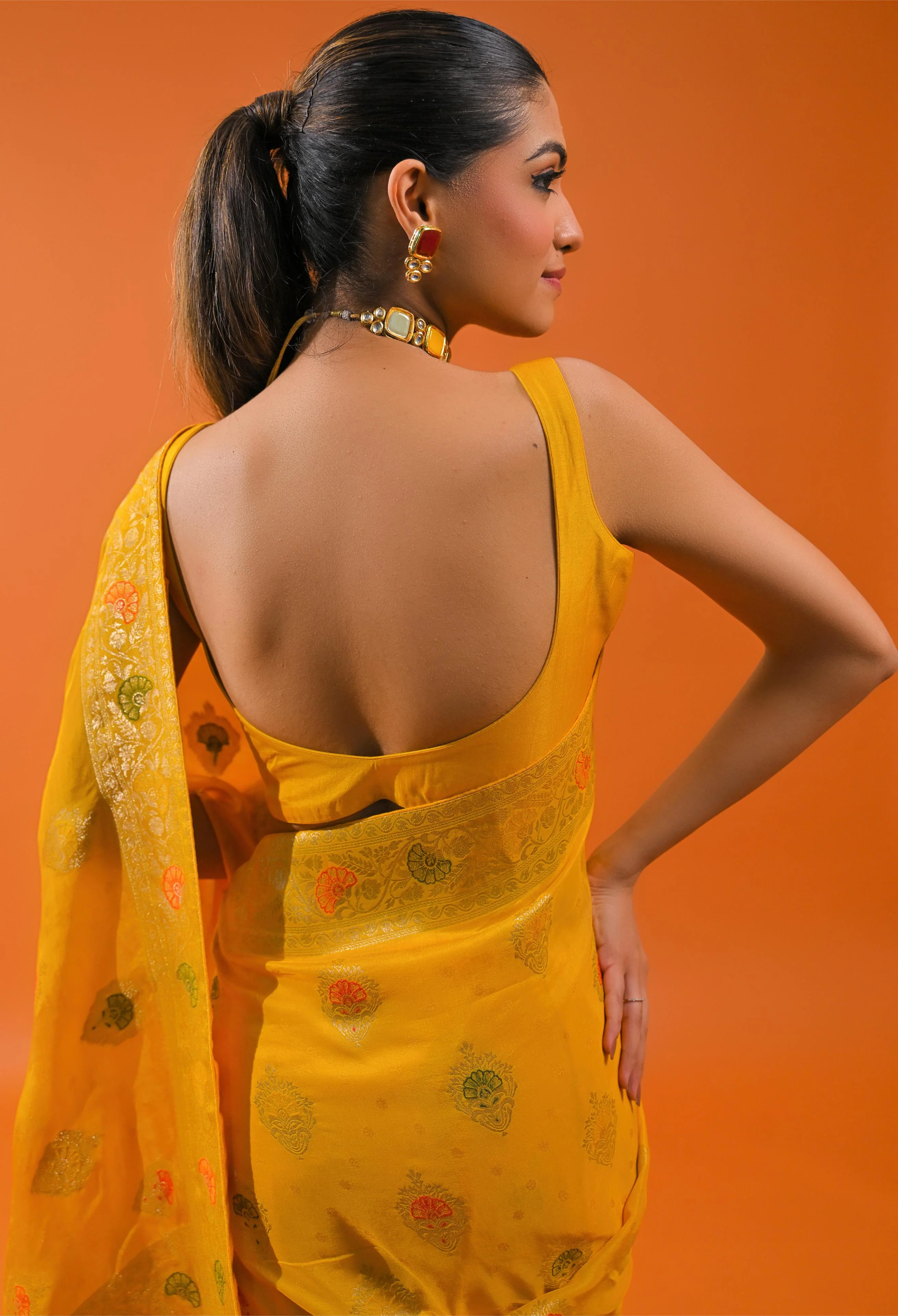 Yellow Embroidered Dola Silk Saree - Image 8