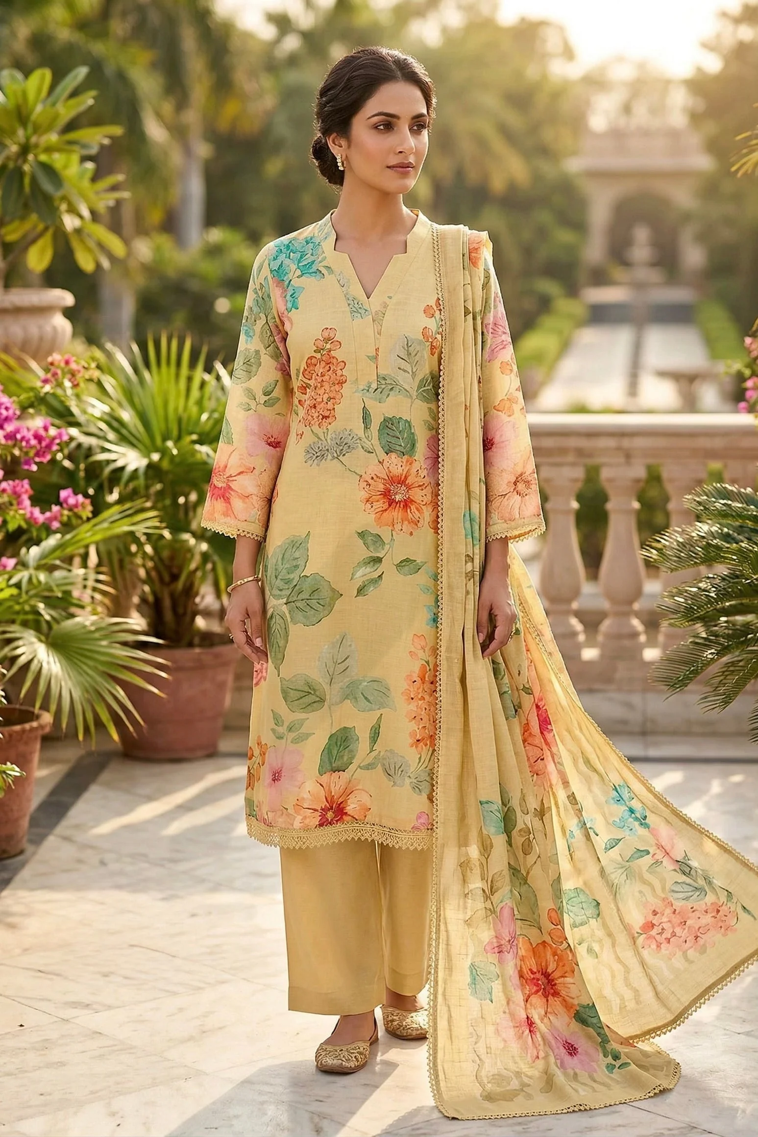 Butter Yellow Floral Printed Linen Pant Set