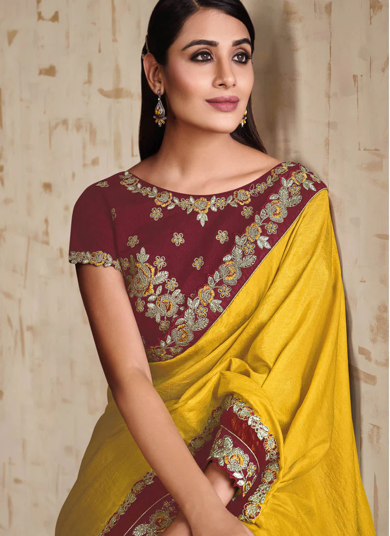 Mustard Yellow Embroidered Tussar Silk Saree - Image 2