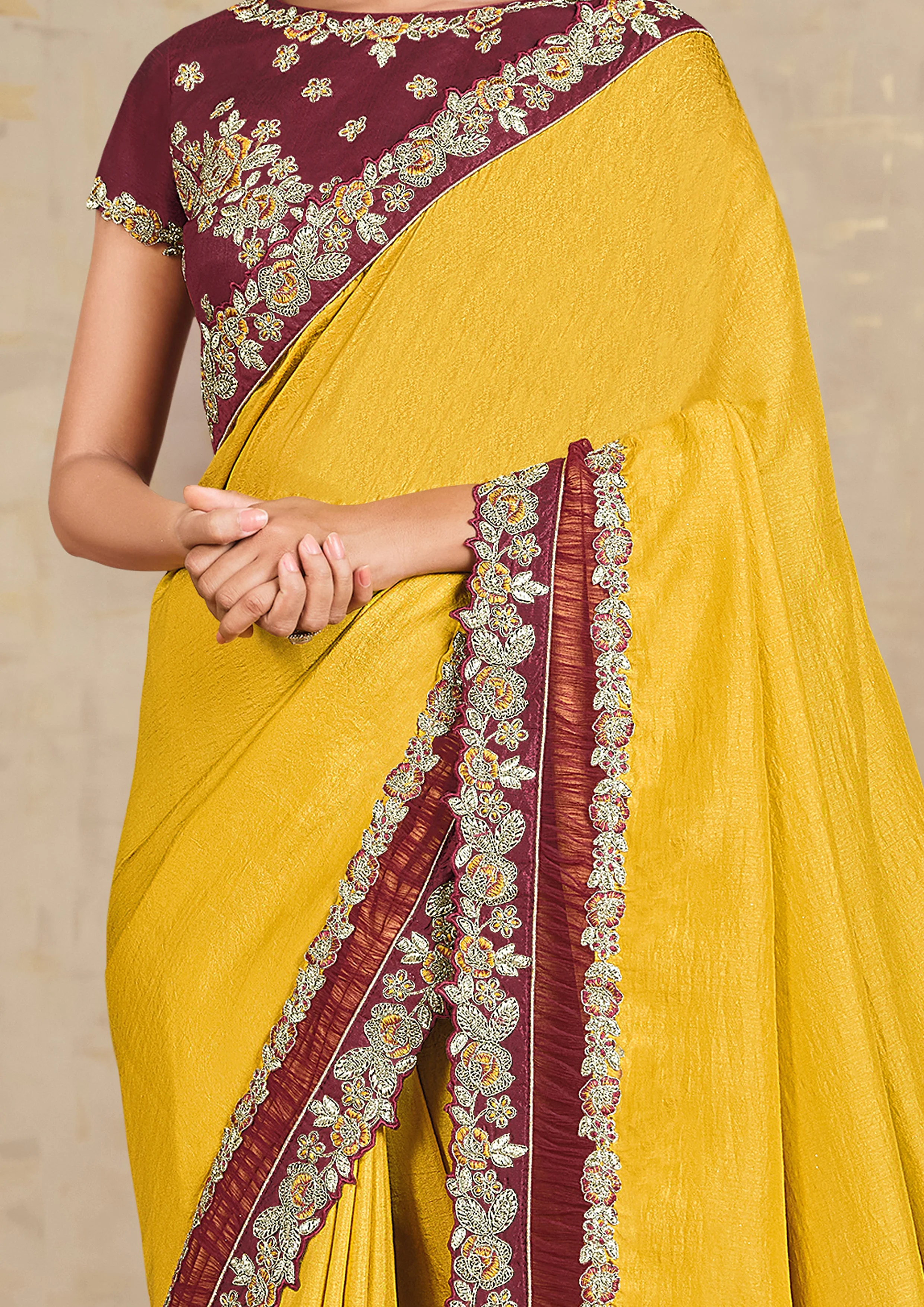 Mustard Yellow Embroidered Tussar Silk Saree - Image 3