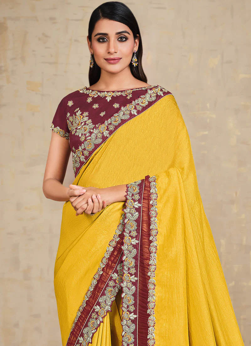 Mustard Yellow Embroidered Tussar Silk Saree - Image 4