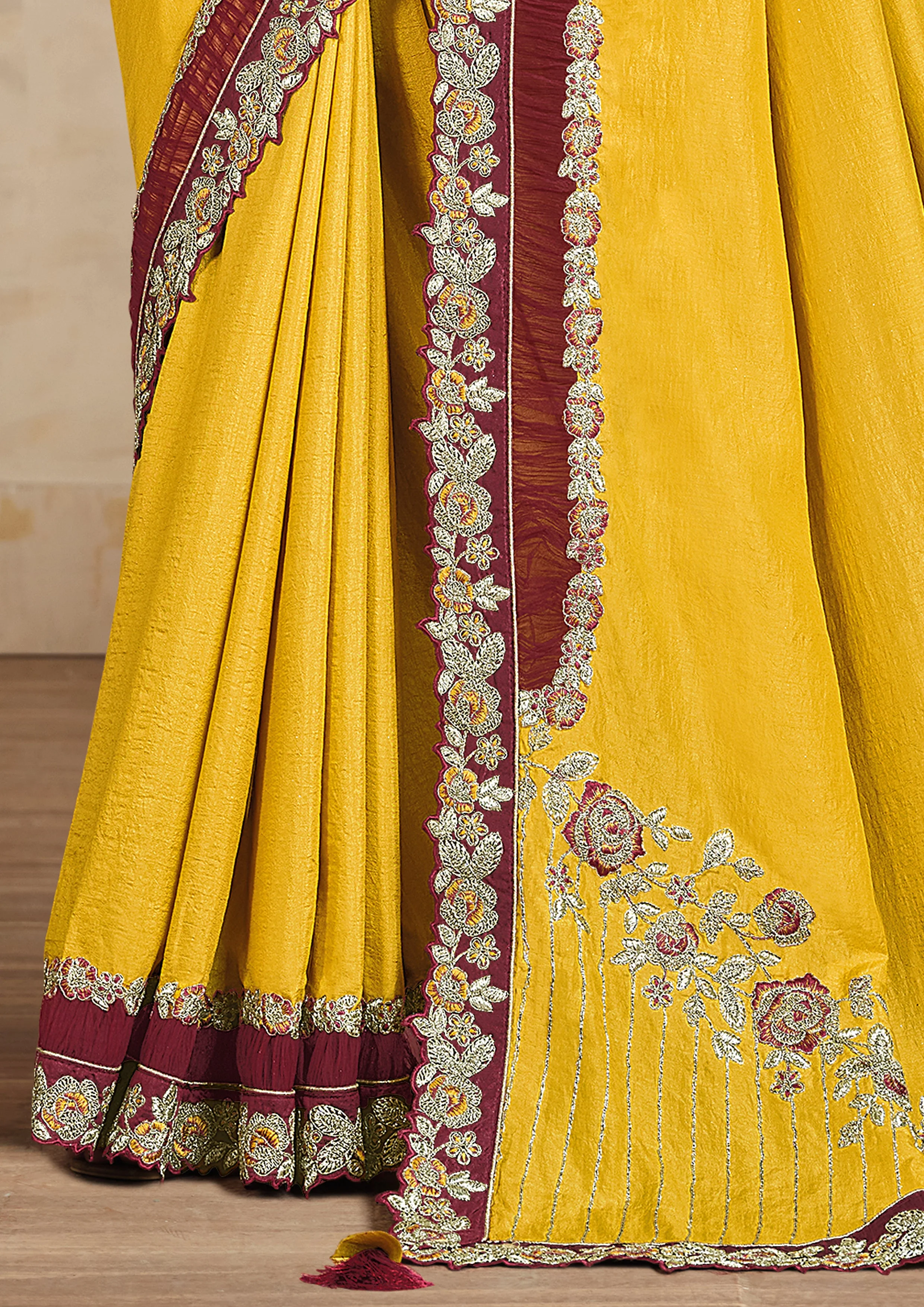 Mustard Yellow Embroidered Tussar Silk Saree - Image 5