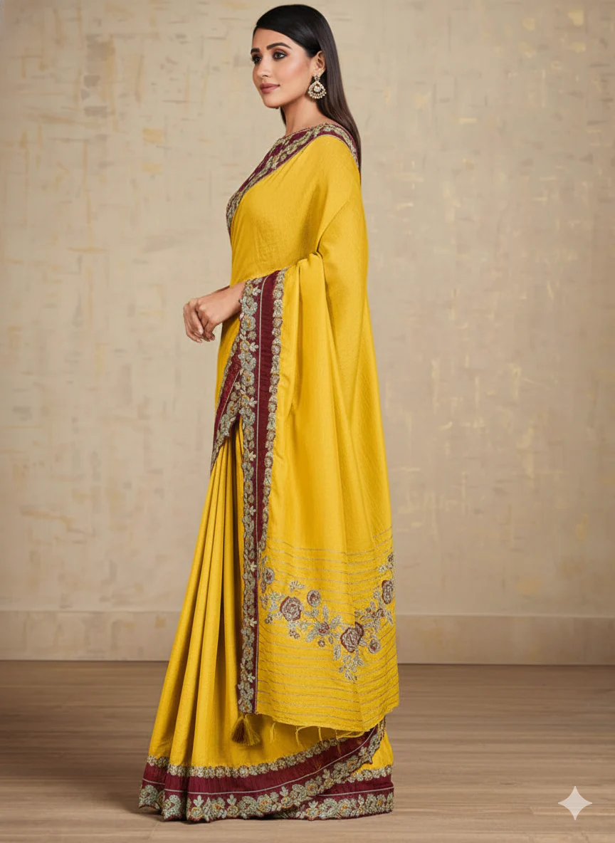 Mustard Yellow Embroidered Tussar Silk Saree - Image 6