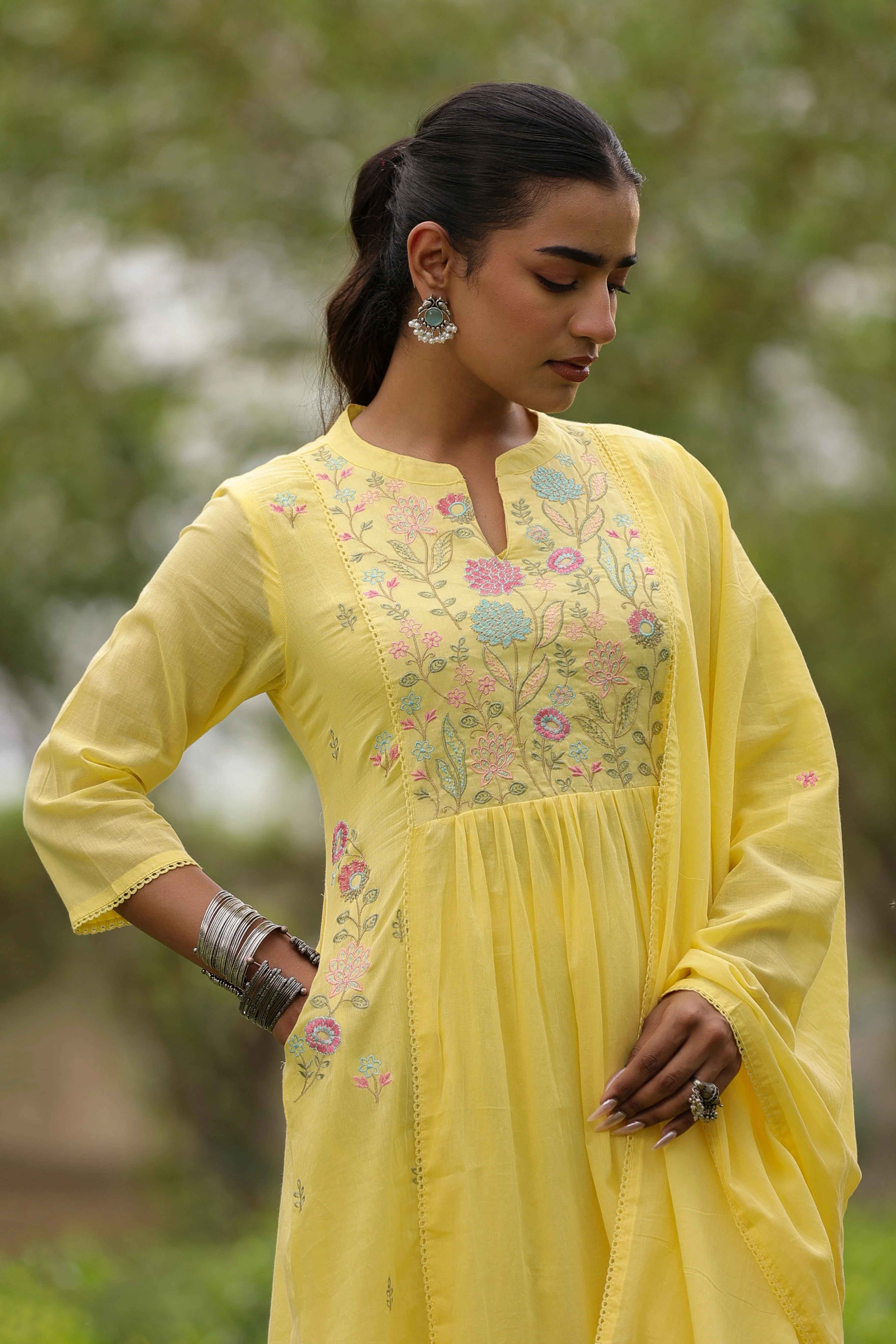 Yellow Floral Embroidered Mul Cotton Anarkali Set - Image 2