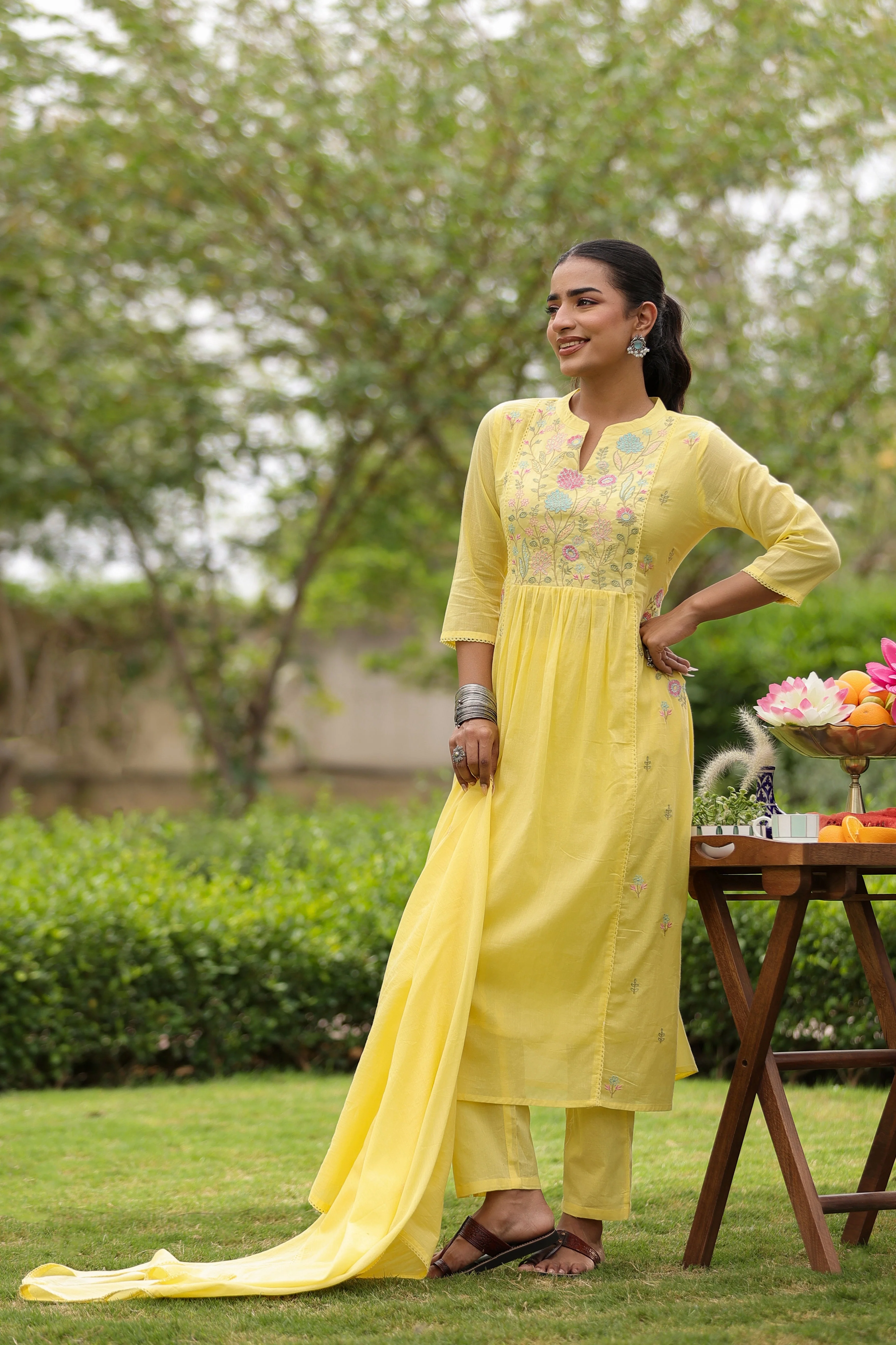 Yellow Floral Embroidered Mul Cotton Anarkali Set - Image 3