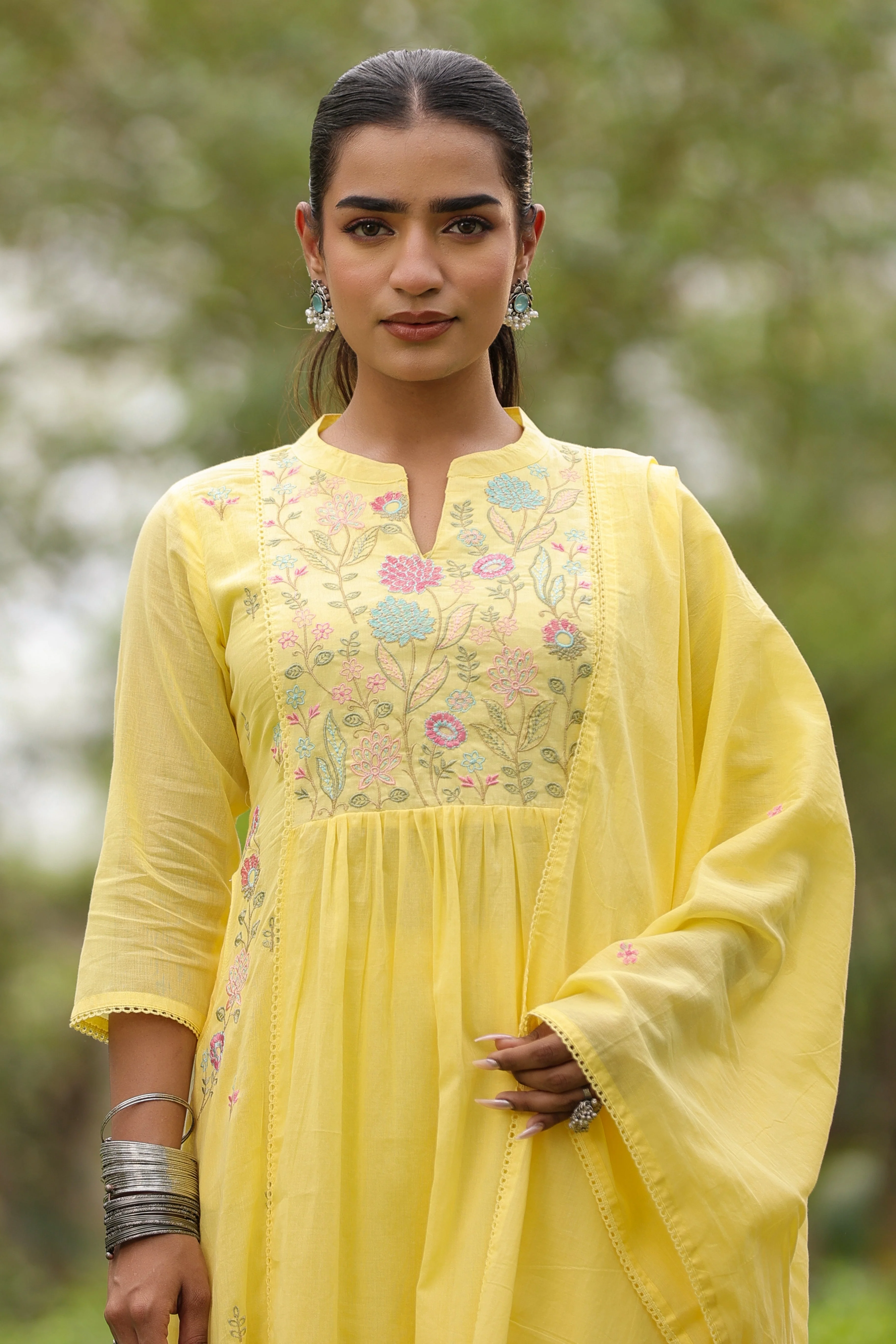 Yellow Floral Embroidered Mul Cotton Anarkali Set - Image 4