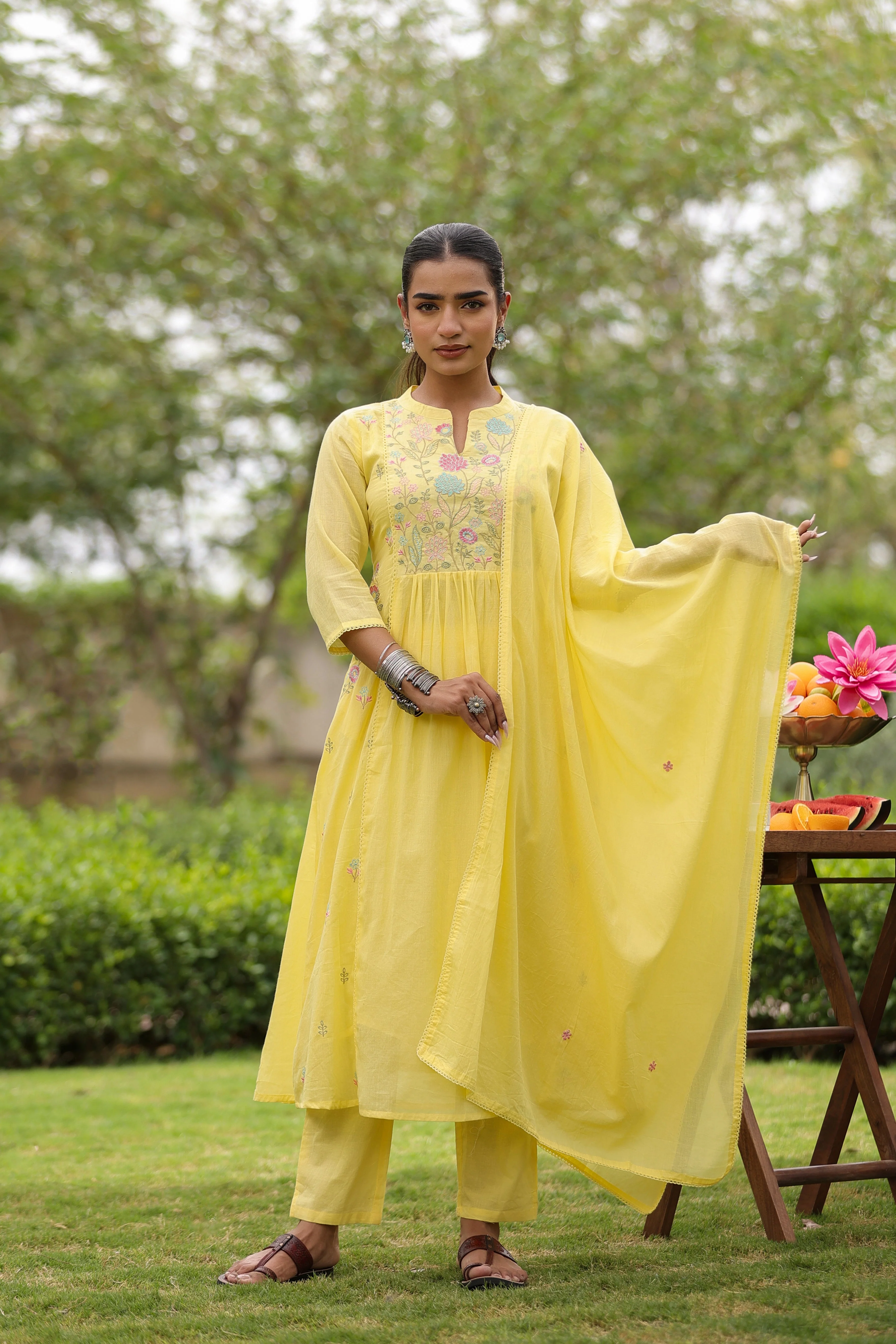 Yellow Floral Embroidered Mul Cotton Anarkali Set - Image 5