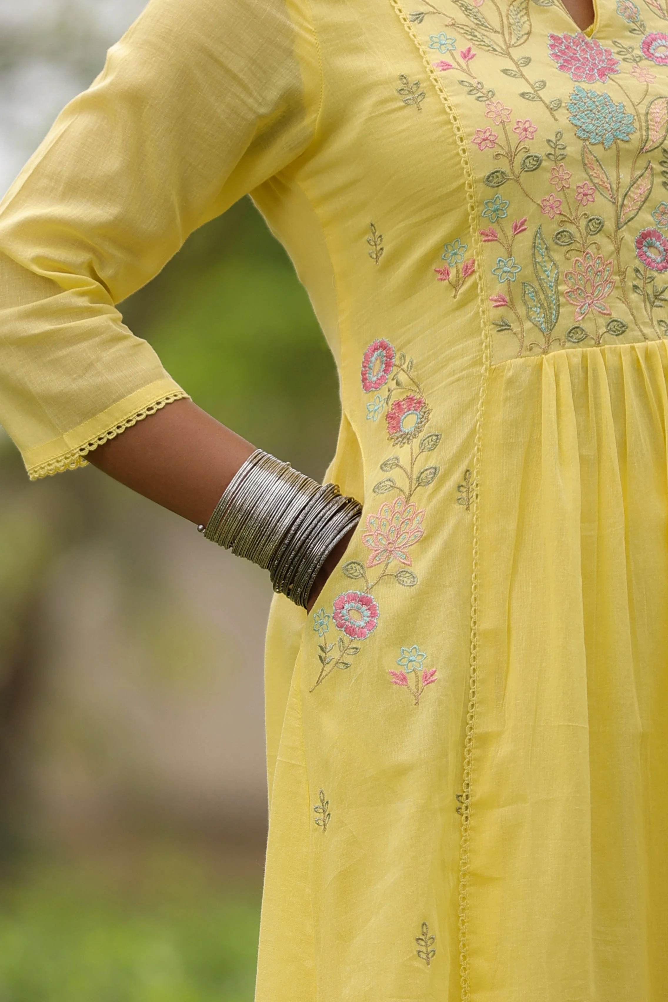 Yellow Floral Embroidered Mul Cotton Anarkali Set - Image 6
