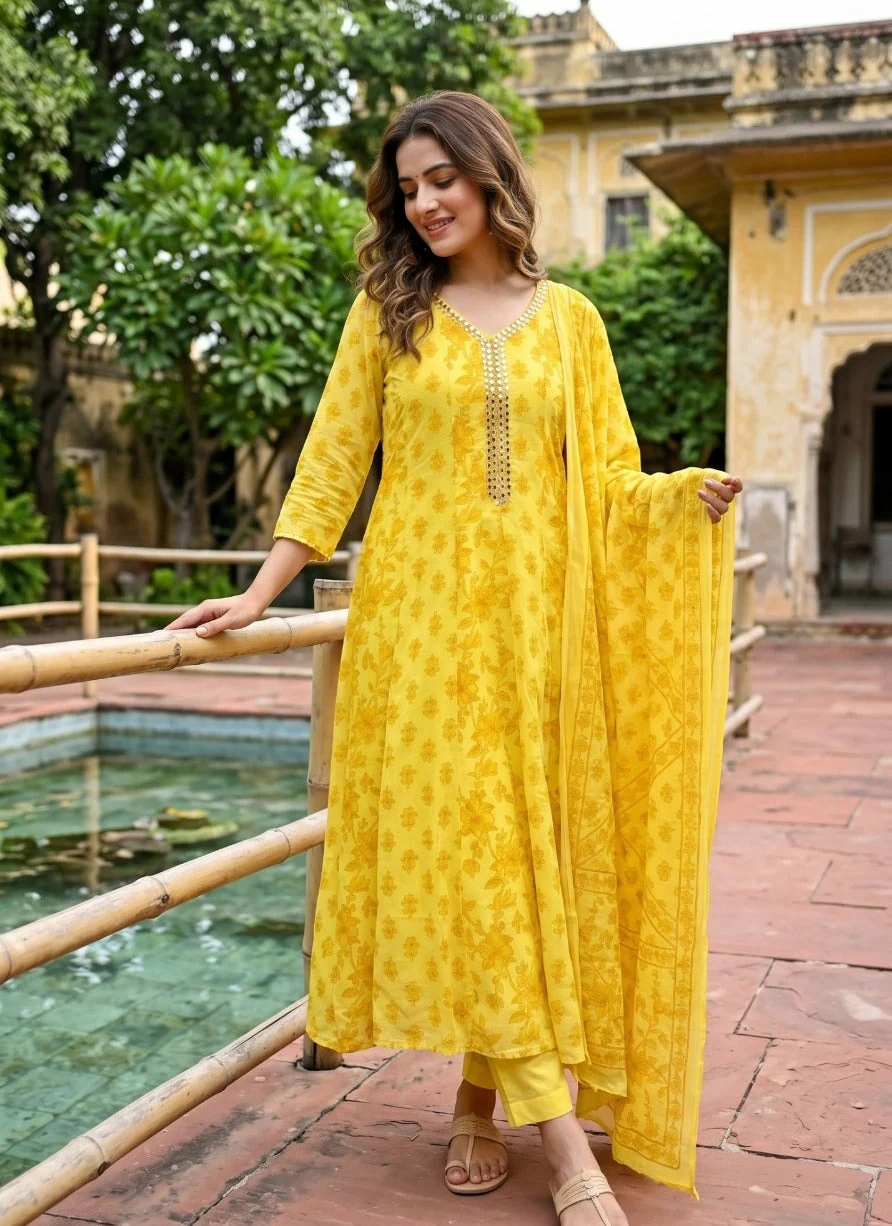 Canary Yellow Floral Printed Cotton Pant Set