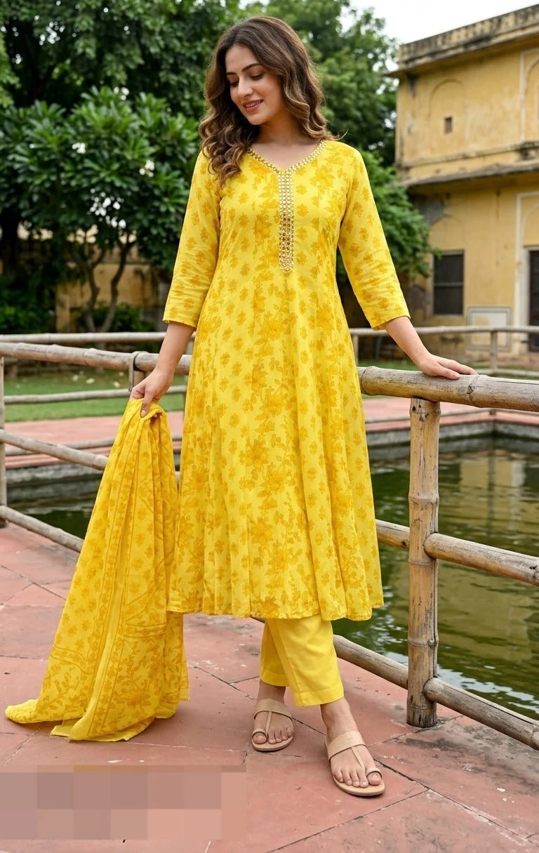 Canary Yellow Floral Printed Cotton Pant Set - Image 3