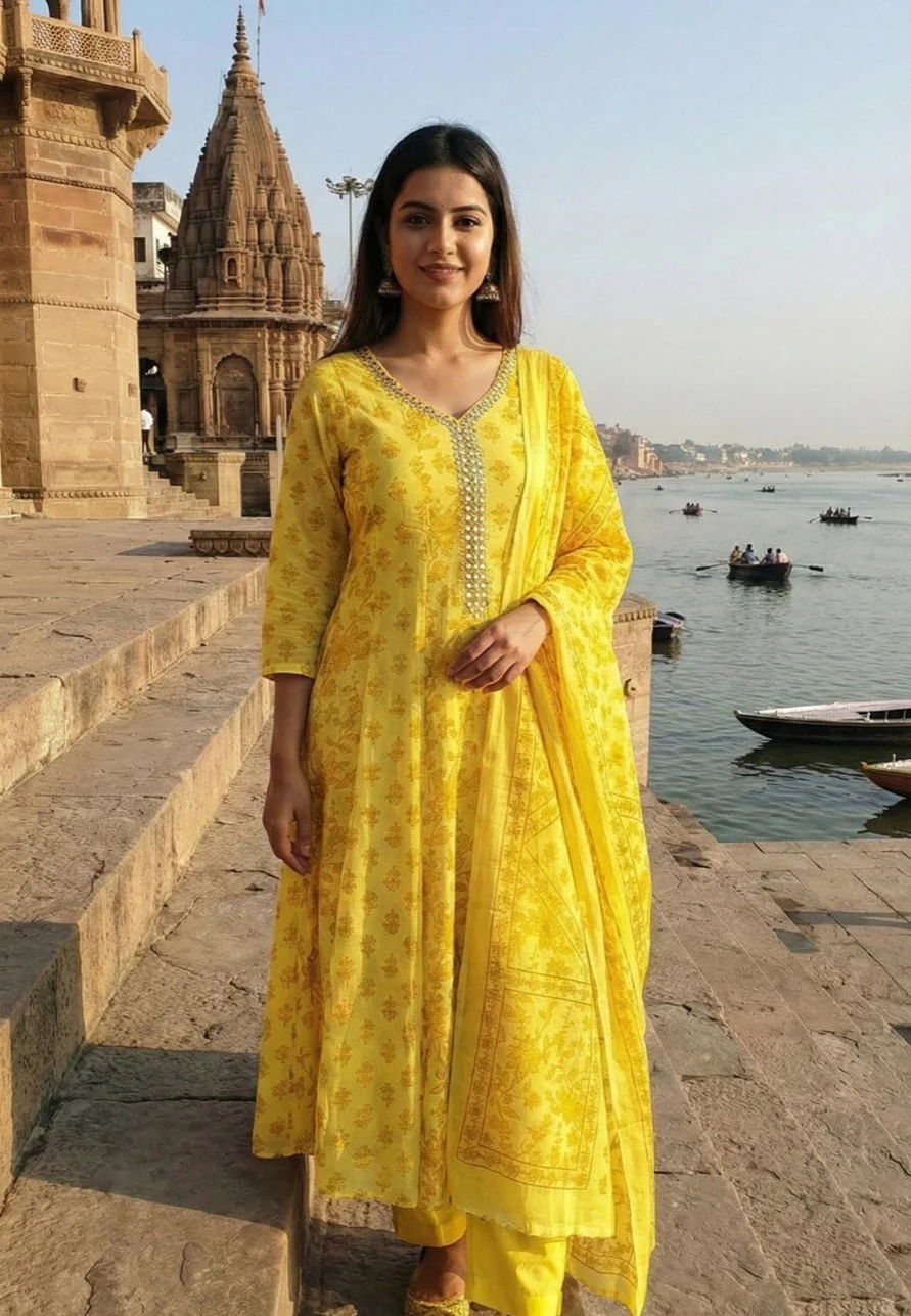 Canary Yellow Floral Printed Cotton Pant Set - Image 4