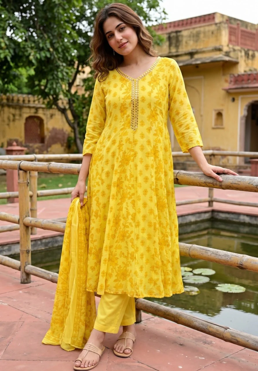 Canary Yellow Floral Printed Cotton Pant Set - Image 5