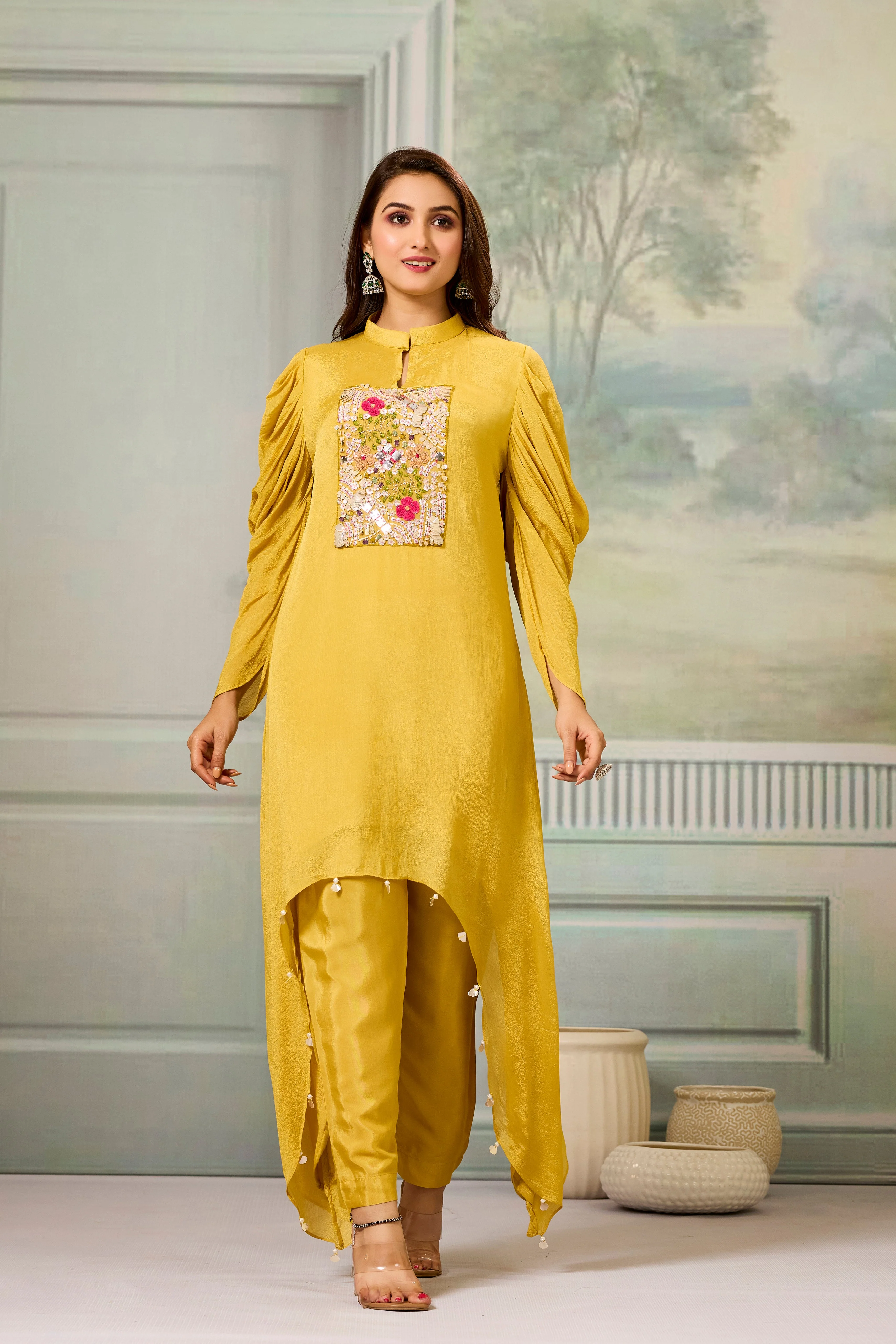 Yellow Handwork Chinon Silk Kurta Pants Set - Image 3