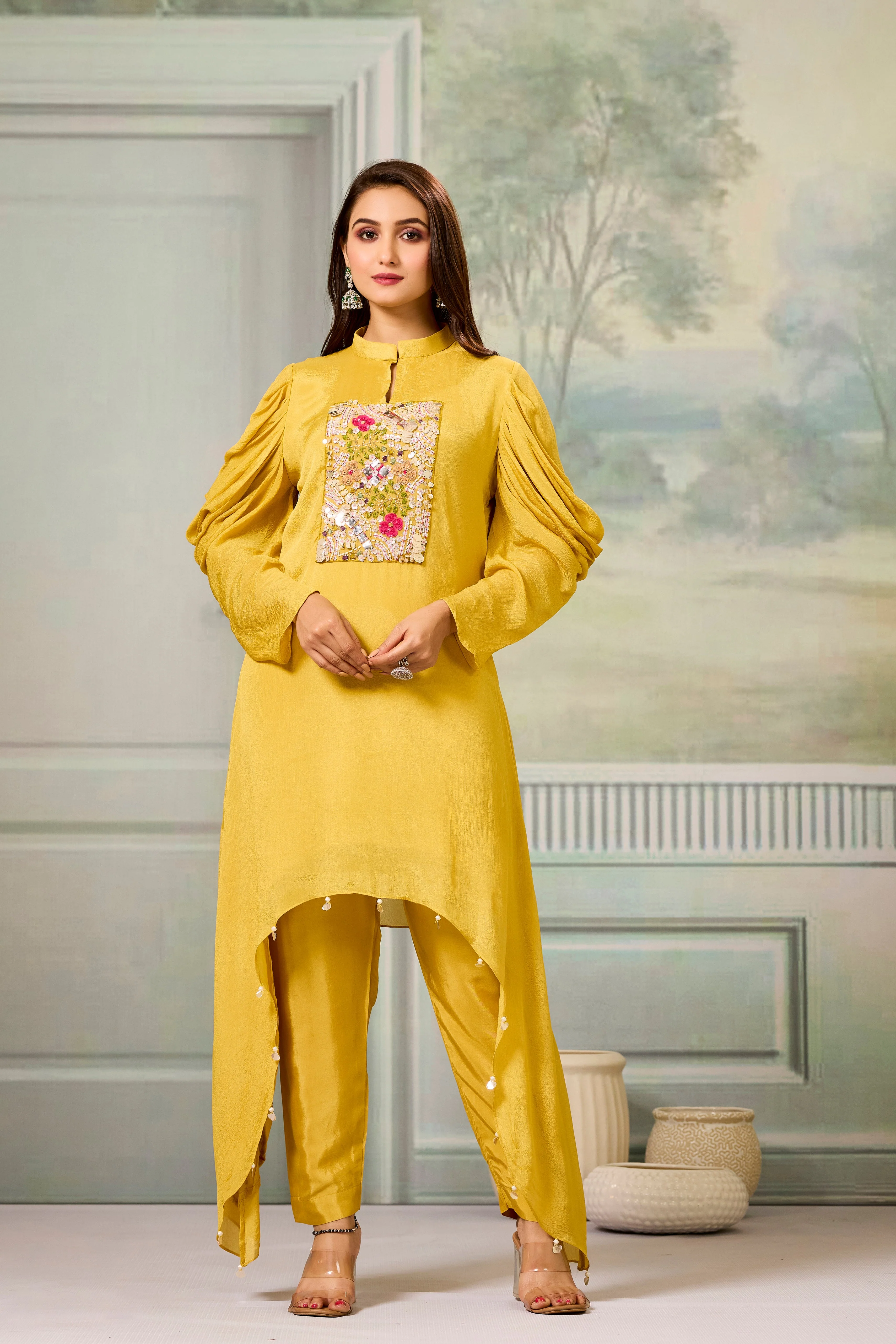 Yellow Handwork Chinon Silk Kurta Pants Set - Image 4